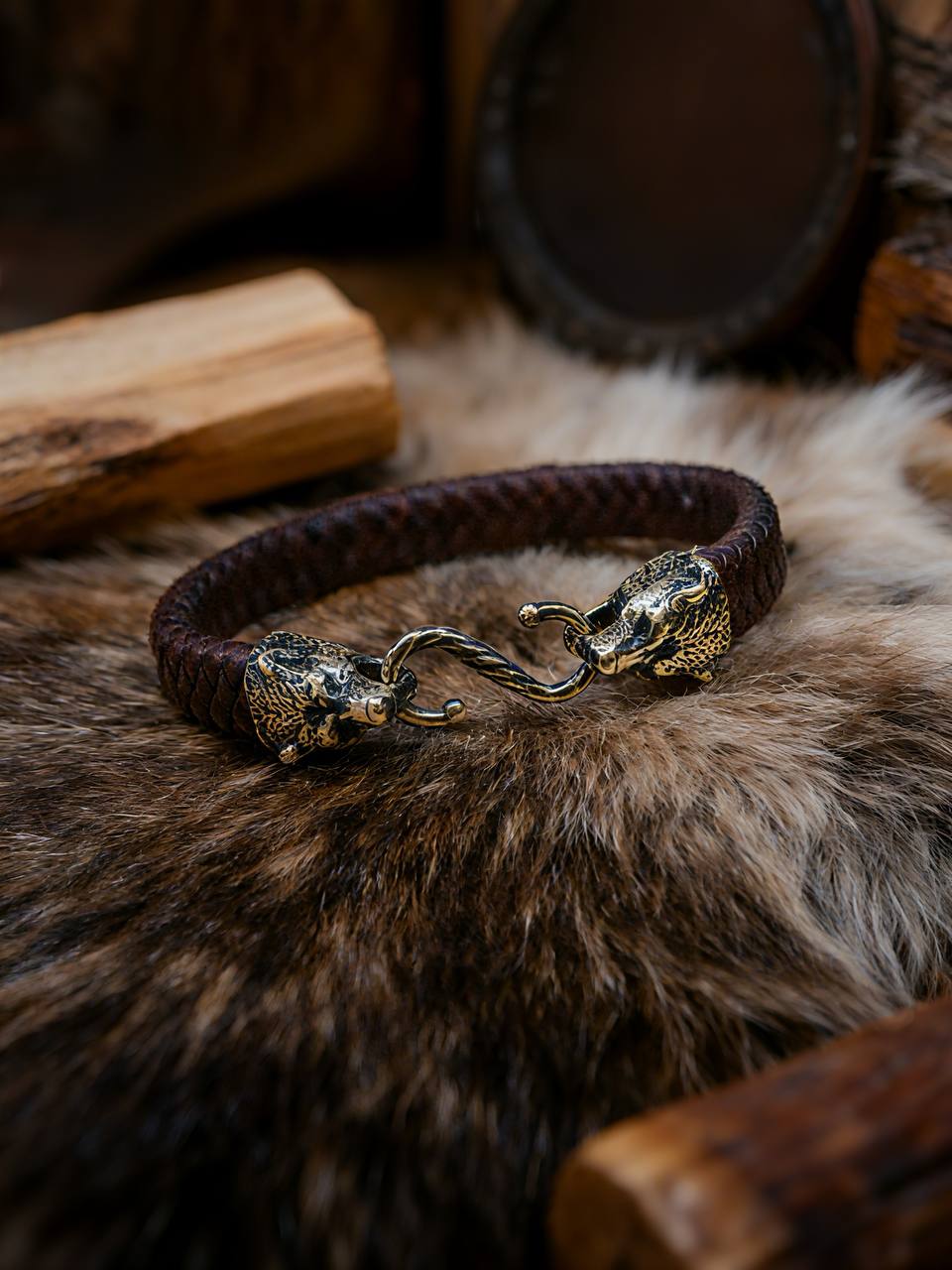 Bears Bracelet, Natural Leather and Bronze
