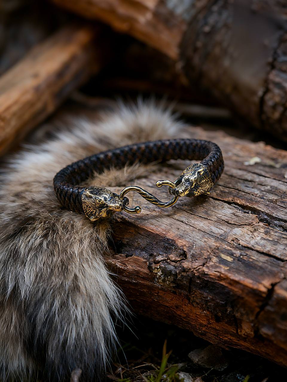 Bears Bracelet, Natural Leather and Bronze
