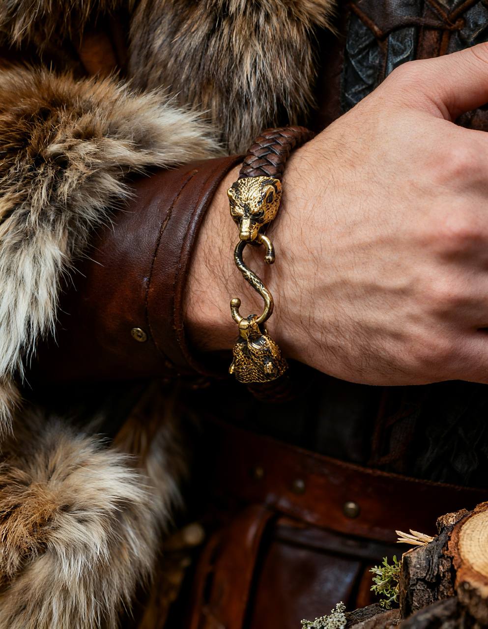 Bears Bracelet, Natural Leather and Bronze