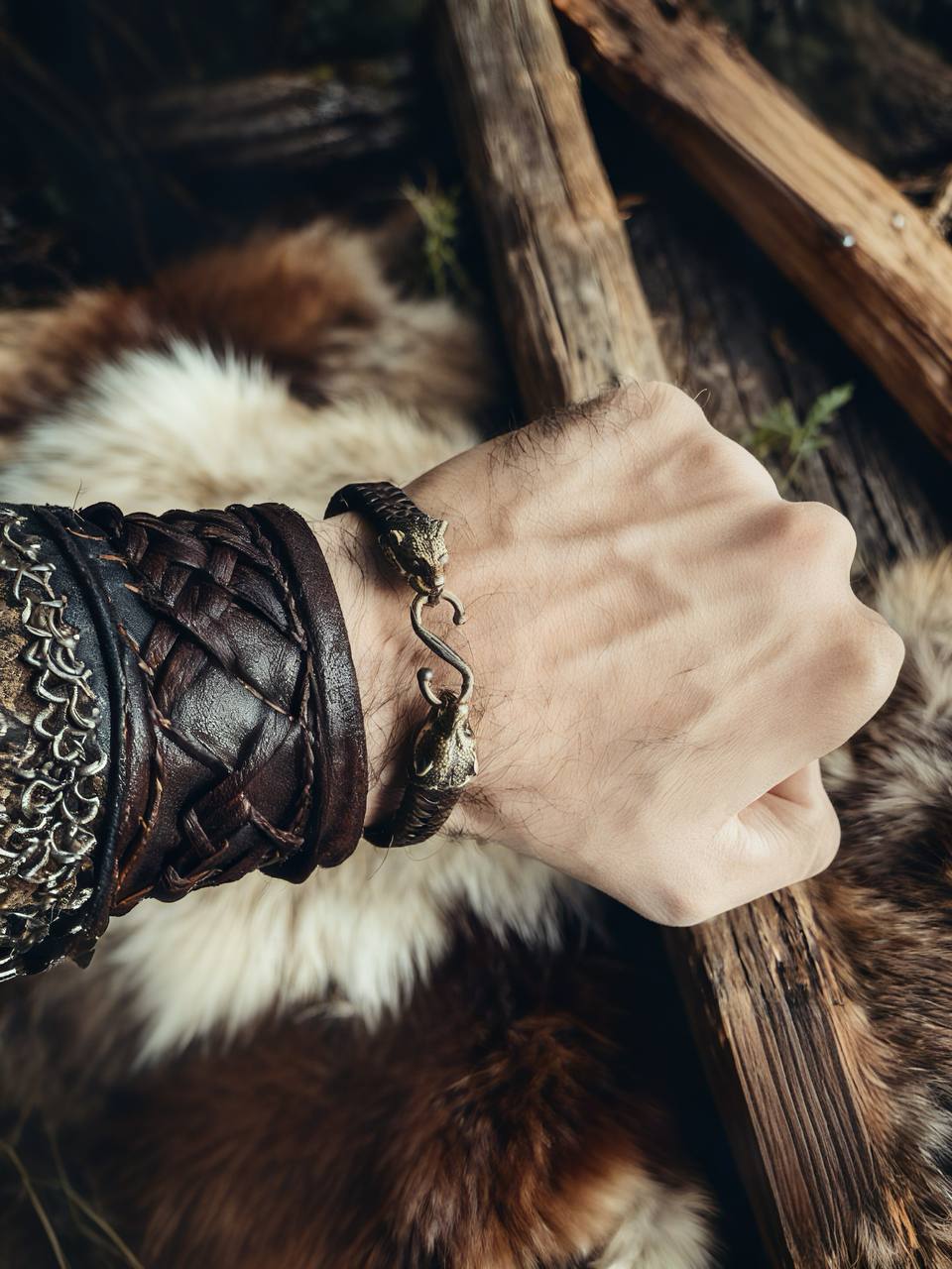 Bears Bracelet, Natural Leather and Bronze