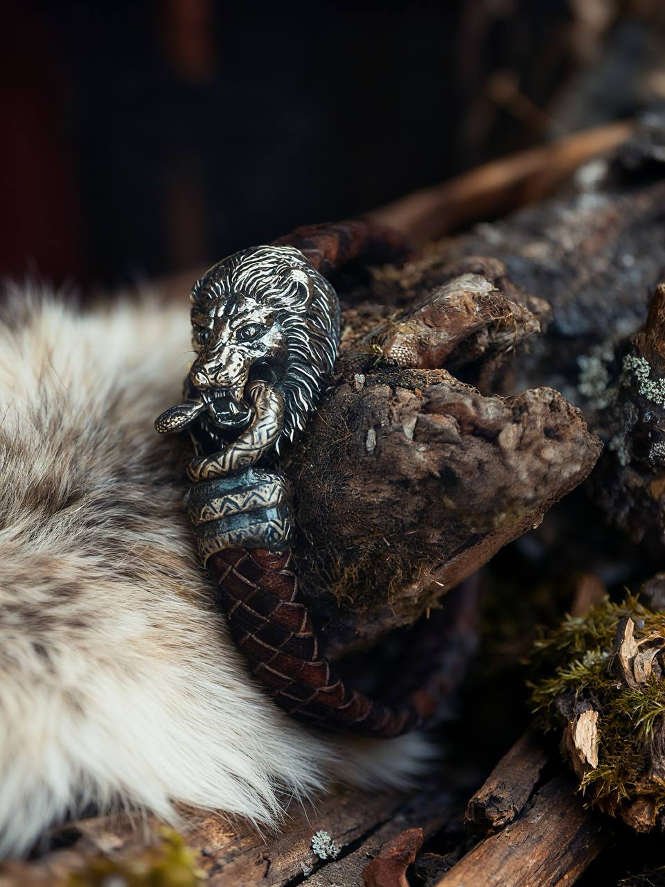 Lion and Snake Bracelet, Natural Leather and Bronze