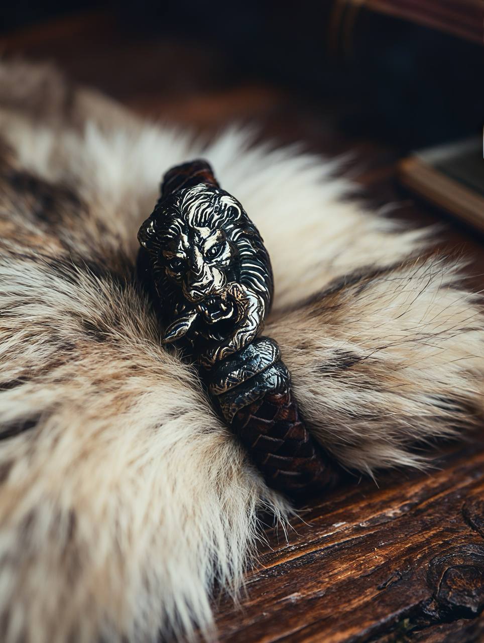 Lion and Snake Bracelet, Natural Leather and Bronze