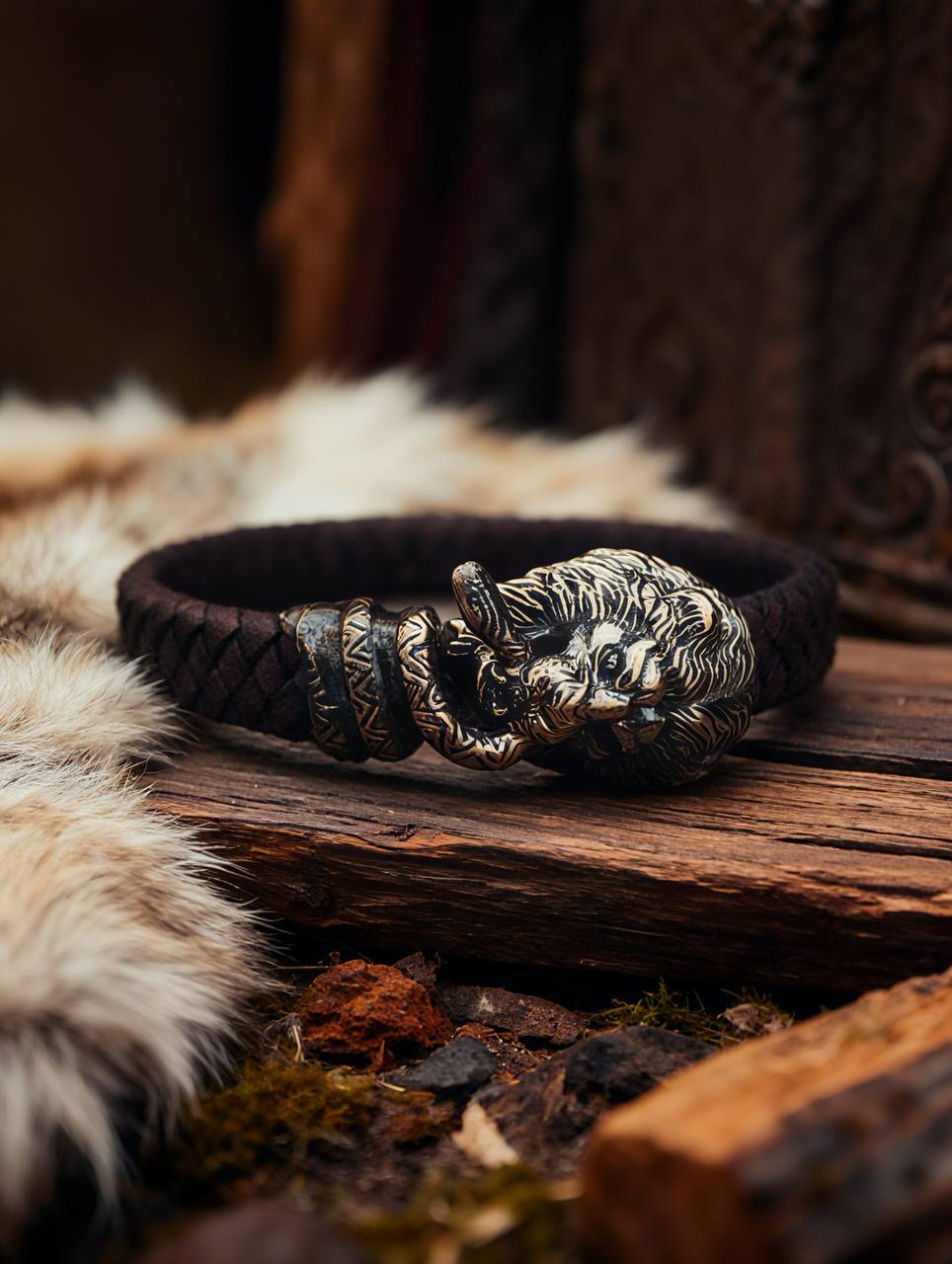 Lion and Snake Bracelet, Natural Leather and Bronze