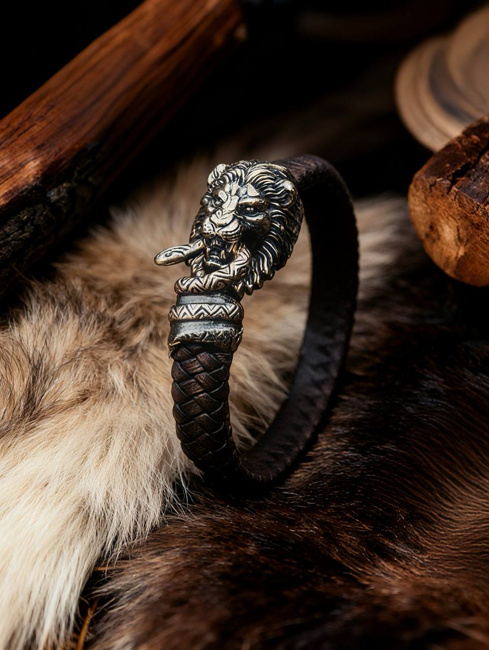 Lion and Snake Bracelet, Natural Leather and Bronze