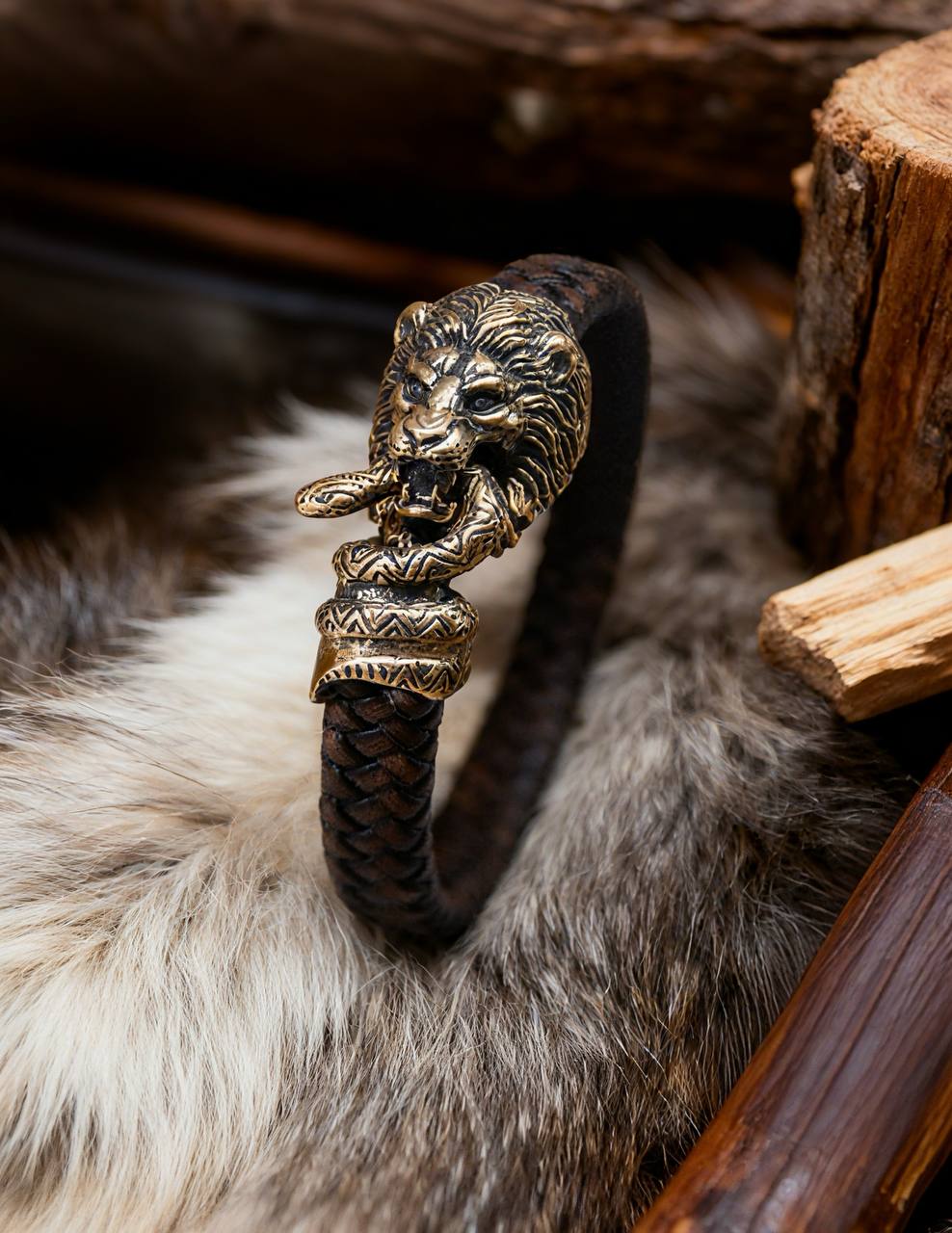 Lion and Snake Bracelet, Natural Leather and Bronze