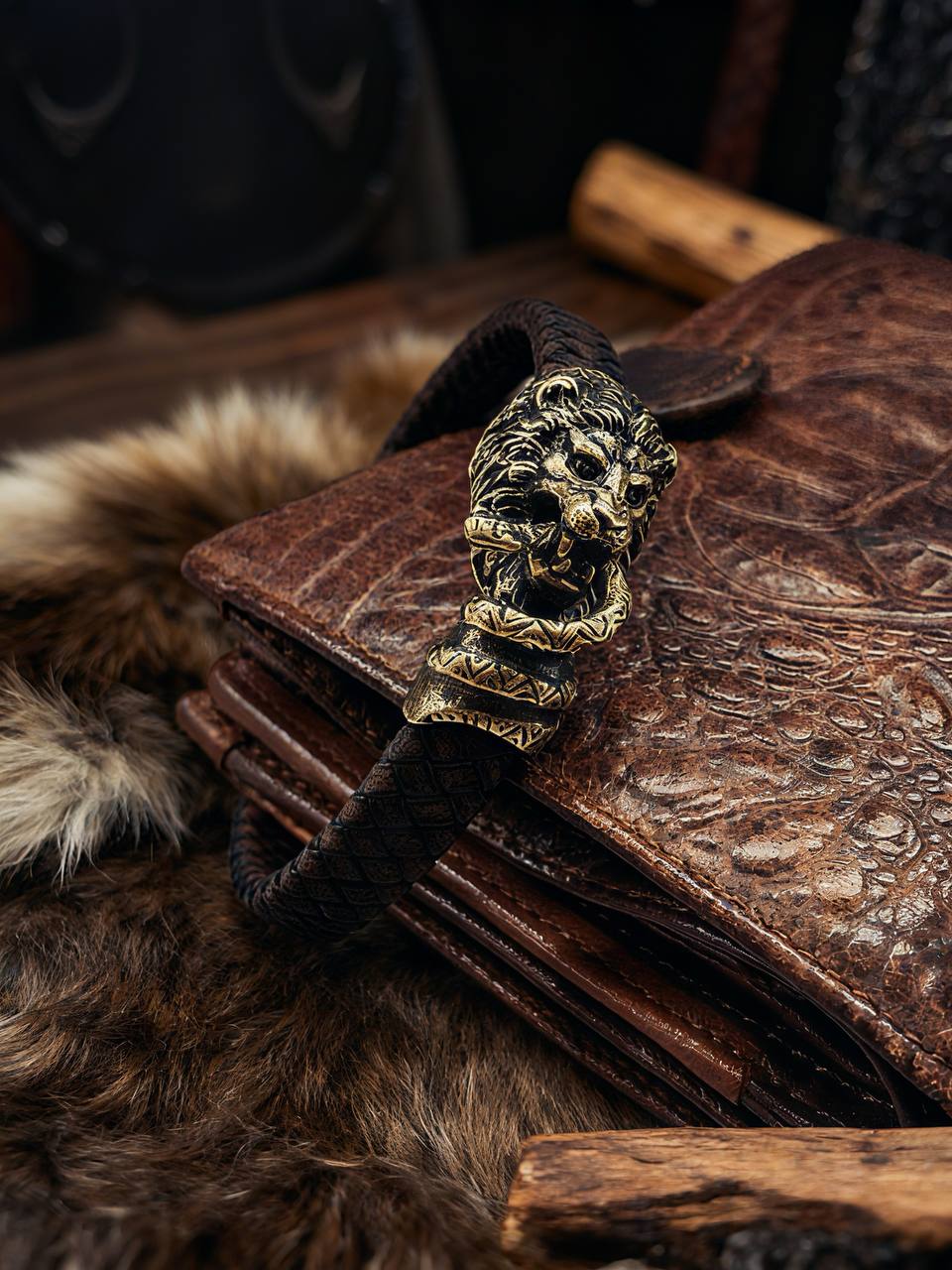 Lion and Snake Bracelet, Natural Leather and Bronze