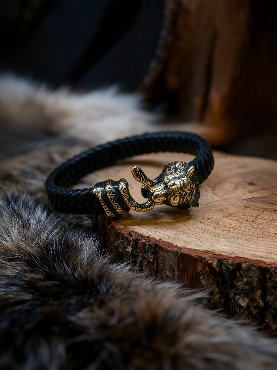 Tiger and Snake Bracelet, Natural Leather and Bronz
