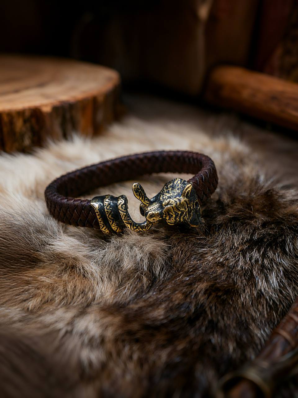 Tiger and Snake Bracelet, Natural Leather and Bronz