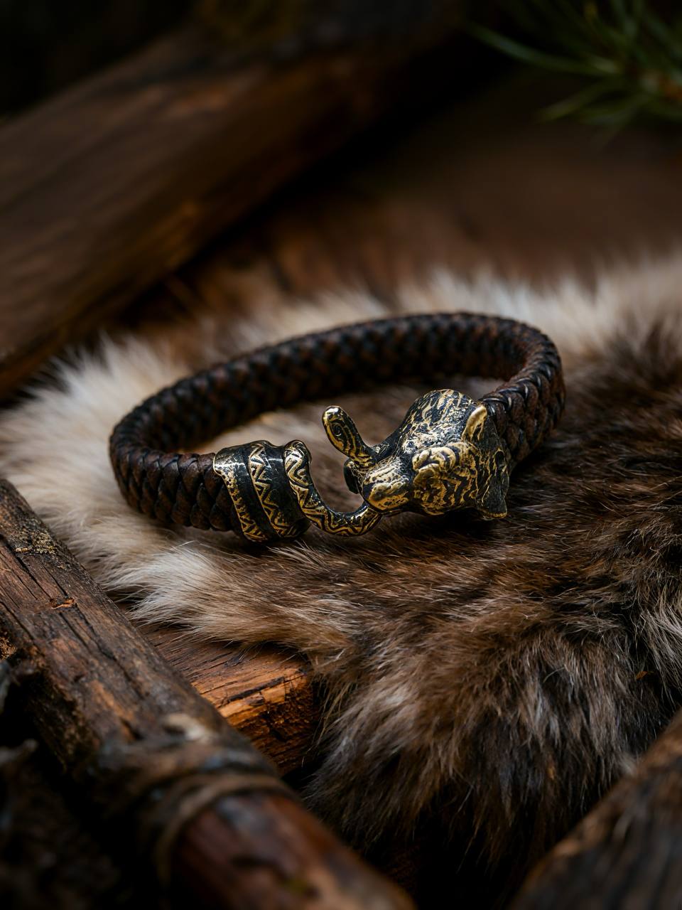 Tiger and Snake Bracelet, Natural Leather and Bronz