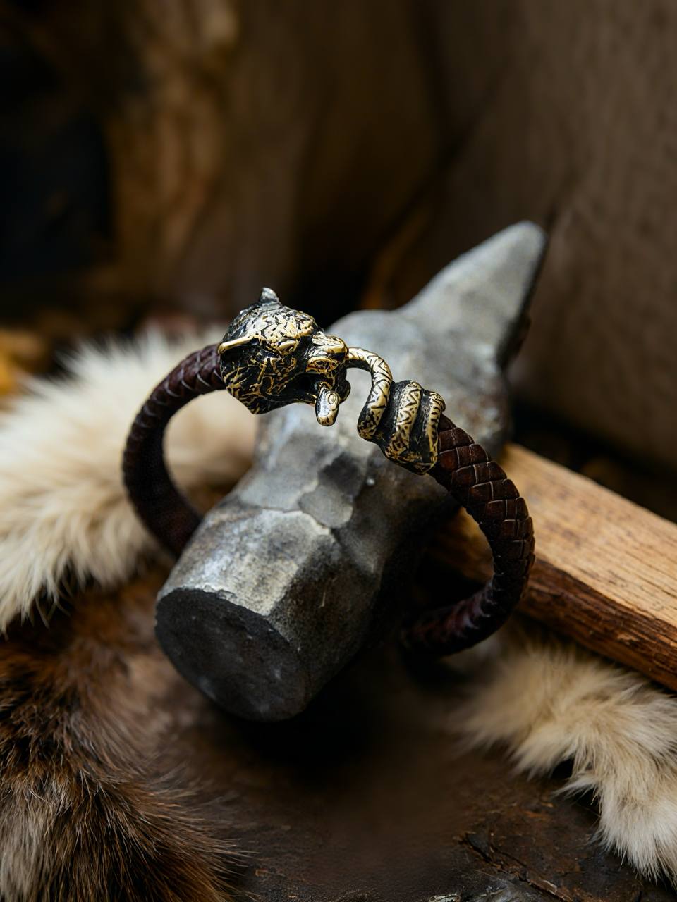Tiger and Snake Bracelet, Natural Leather and Bronz
