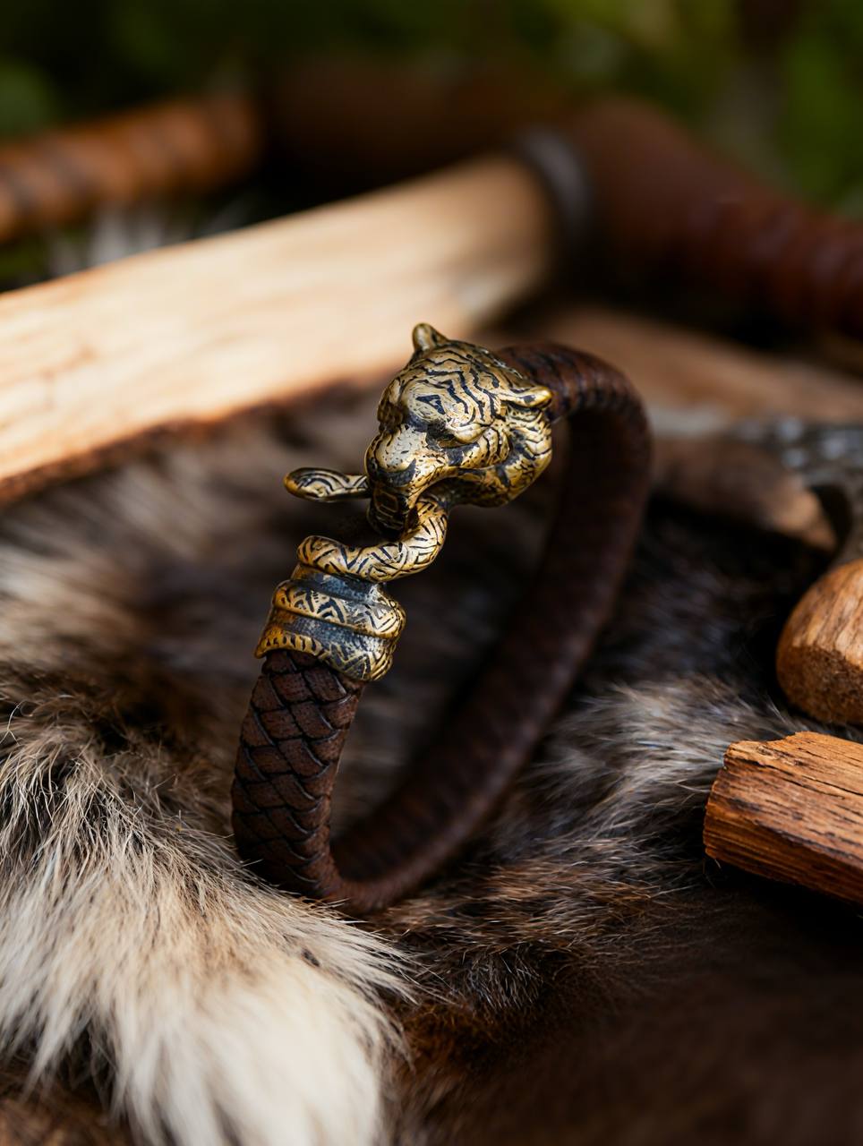 Tiger and Snake Bracelet, Natural Leather and Bronz