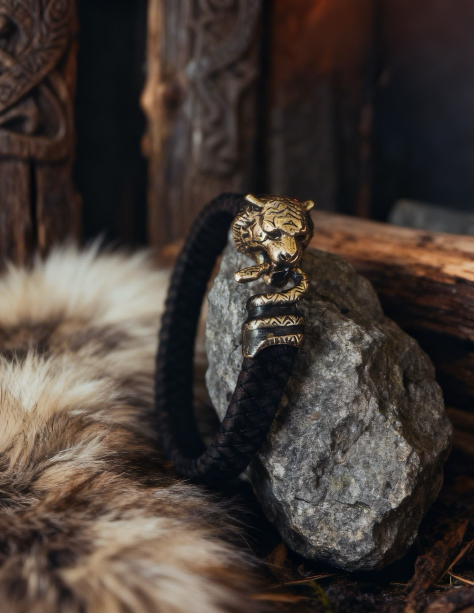 Tiger and Snake Bracelet, Natural Leather and Bronz