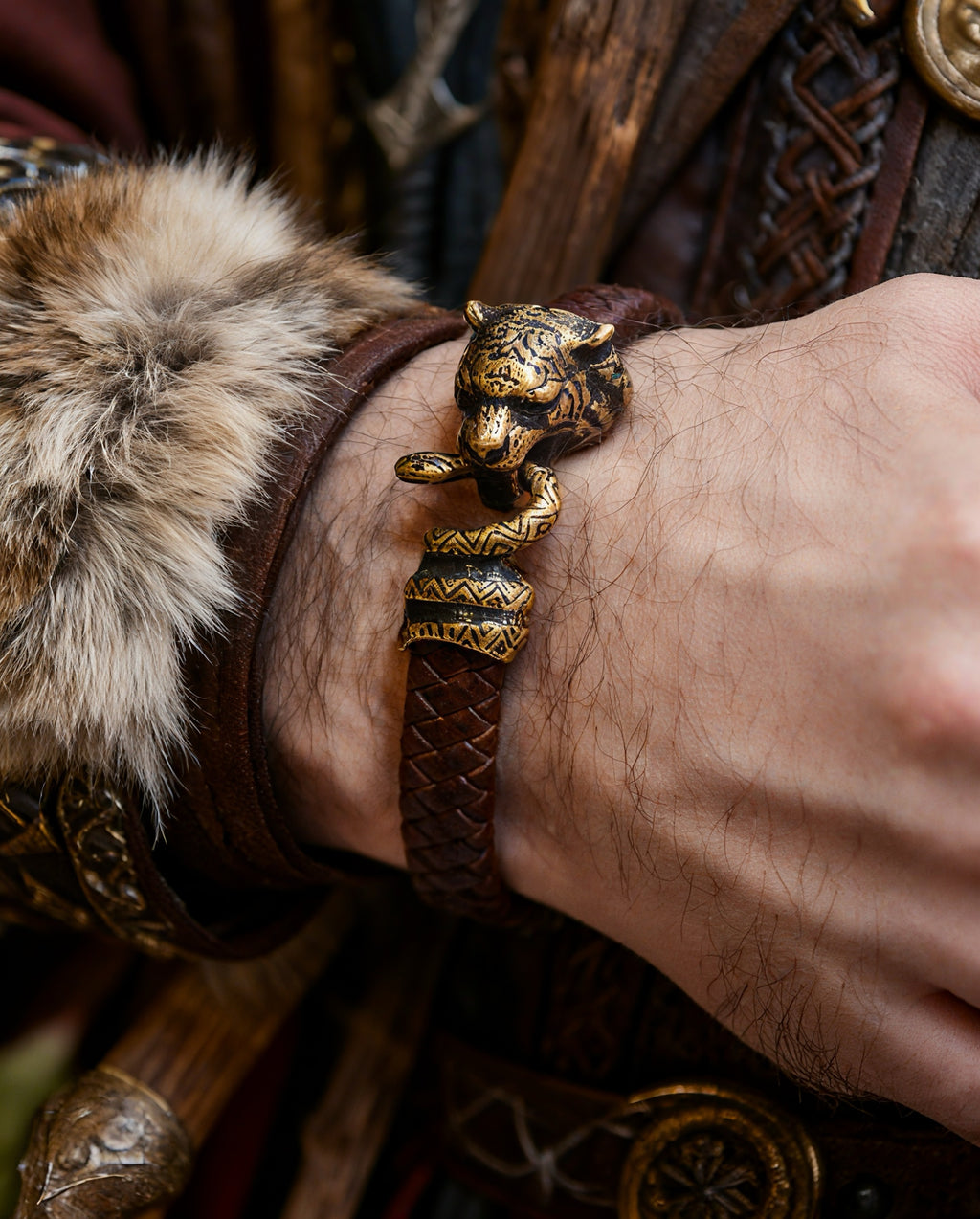 Tiger and Snake Bracelet, Natural Leather and Bronz