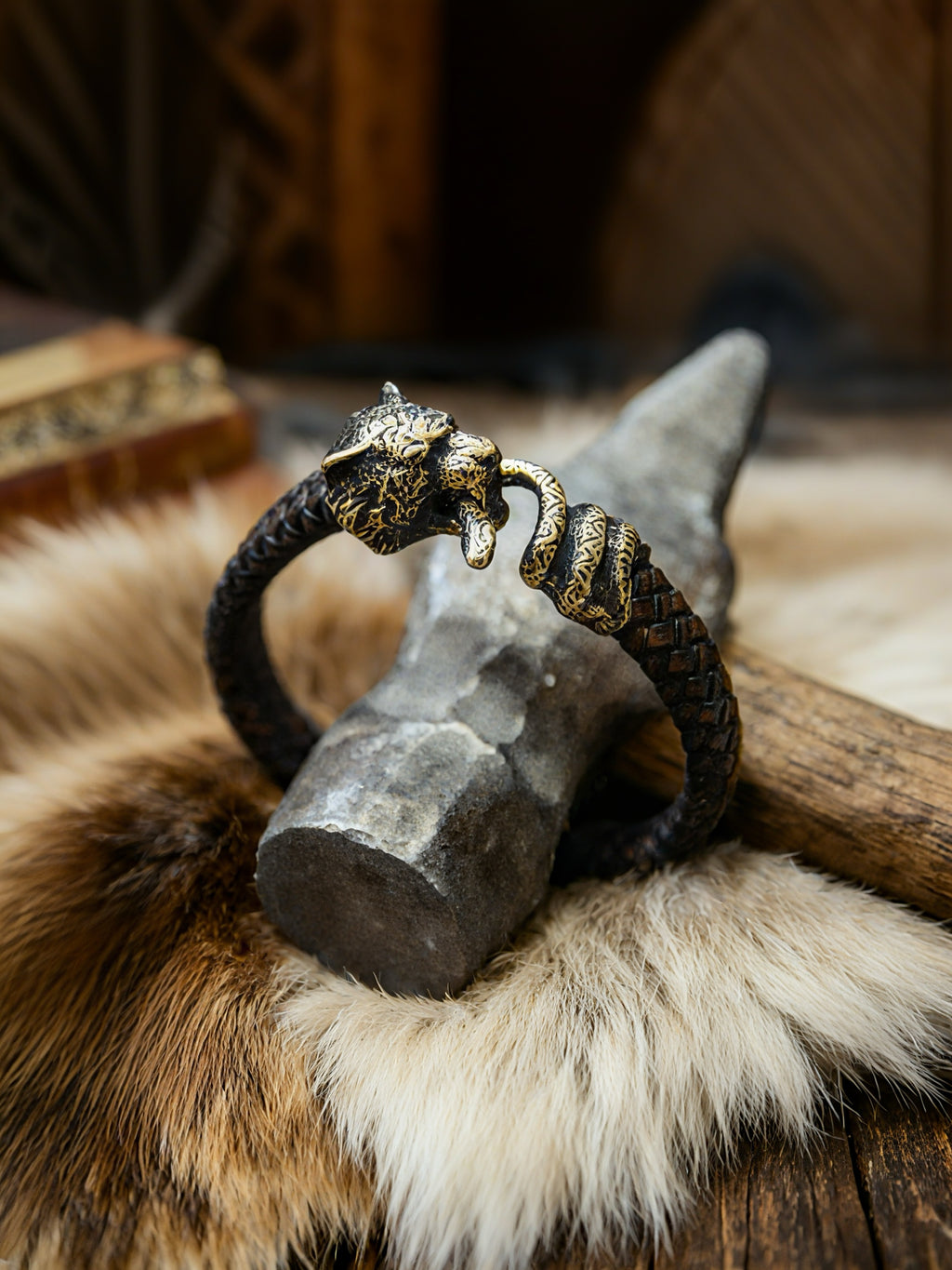 Tiger and Snake Bracelet, Natural Leather and Bronz