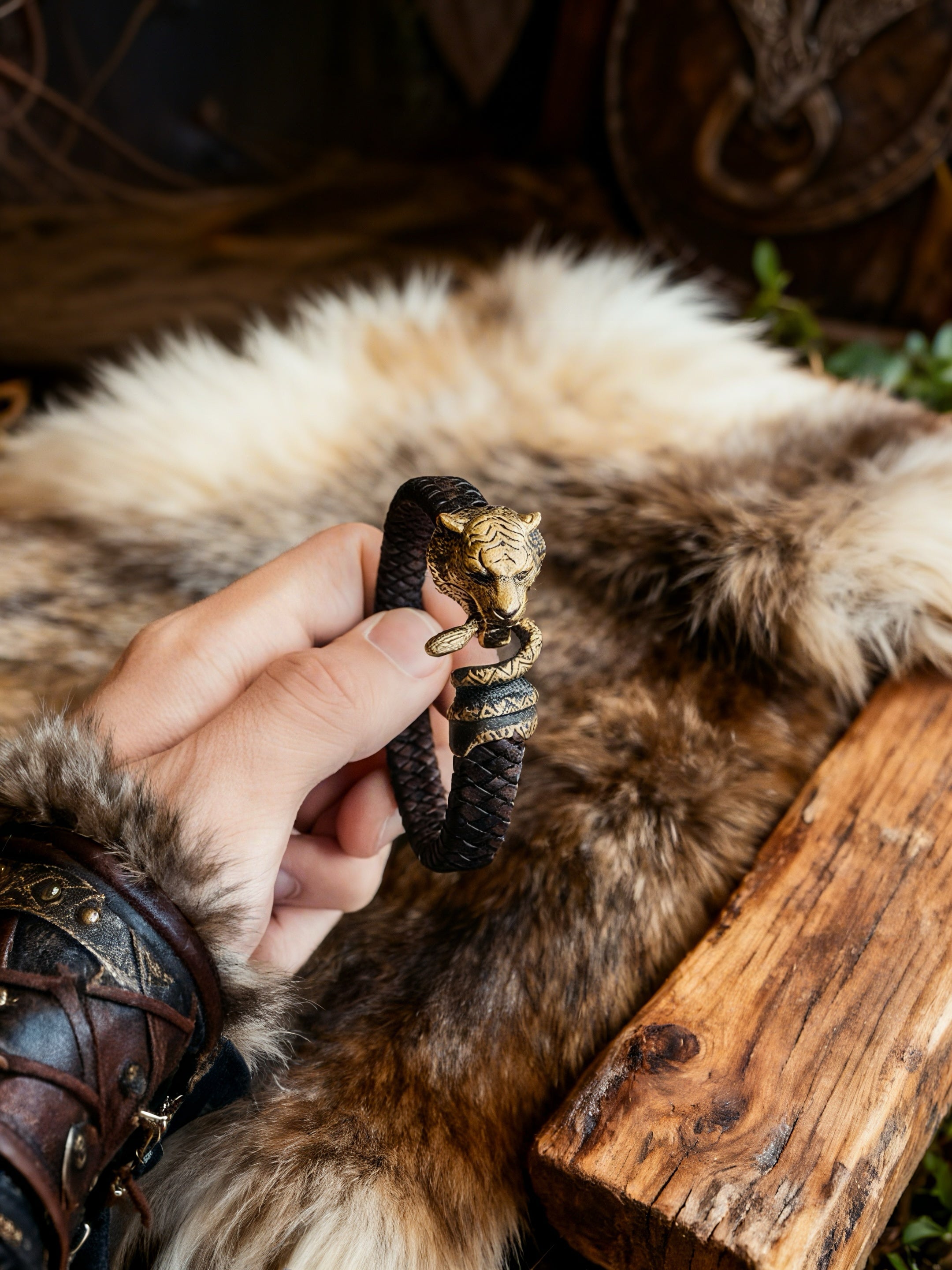 Tiger and Snake Bracelet, Natural Leather and Bronz