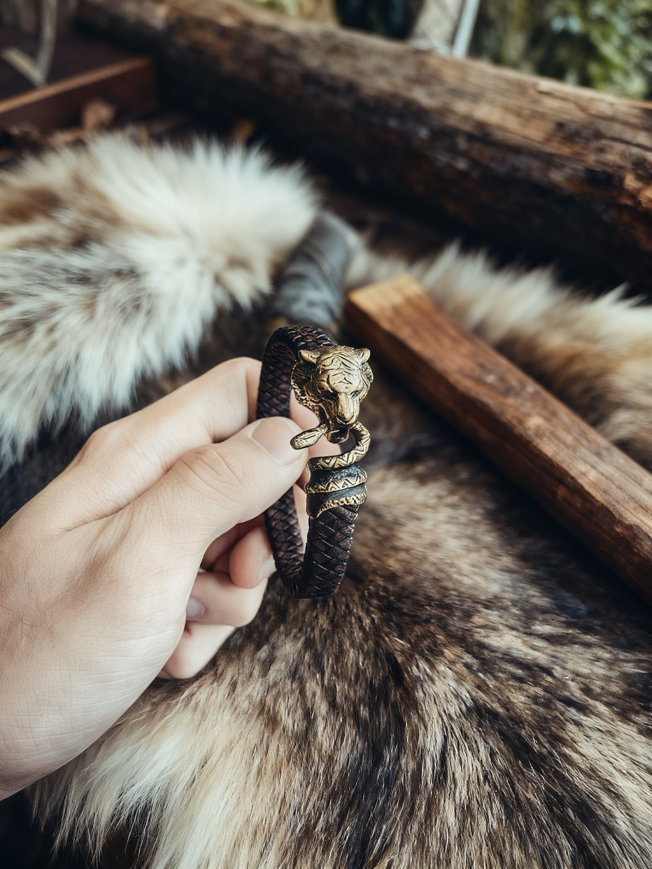 Tiger and Snake Bracelet, Natural Leather and Bronz
