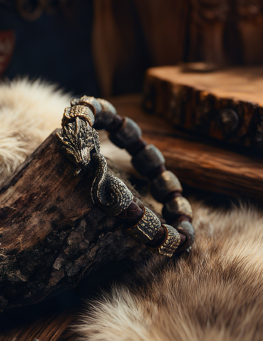 Jormungandr with Scales Bracelet, Natural Leather and Bronze