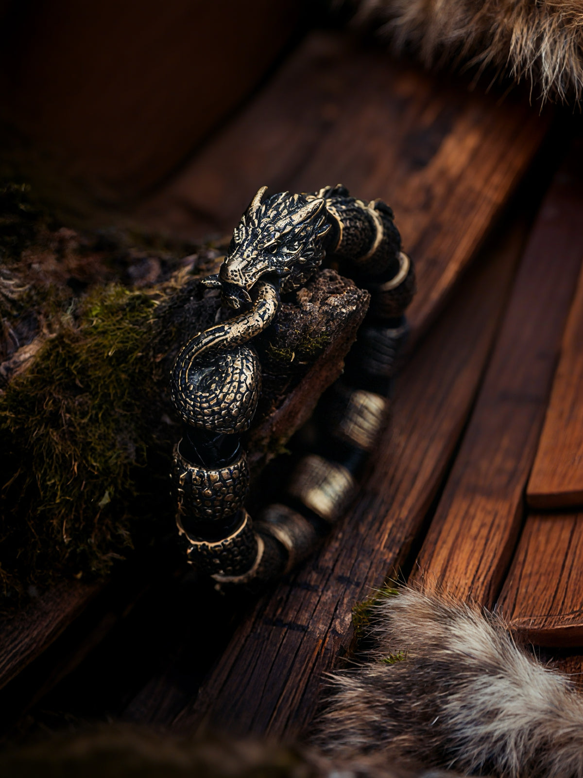 Jormungandr with Scales Bracelet, Natural Leather and Bronze