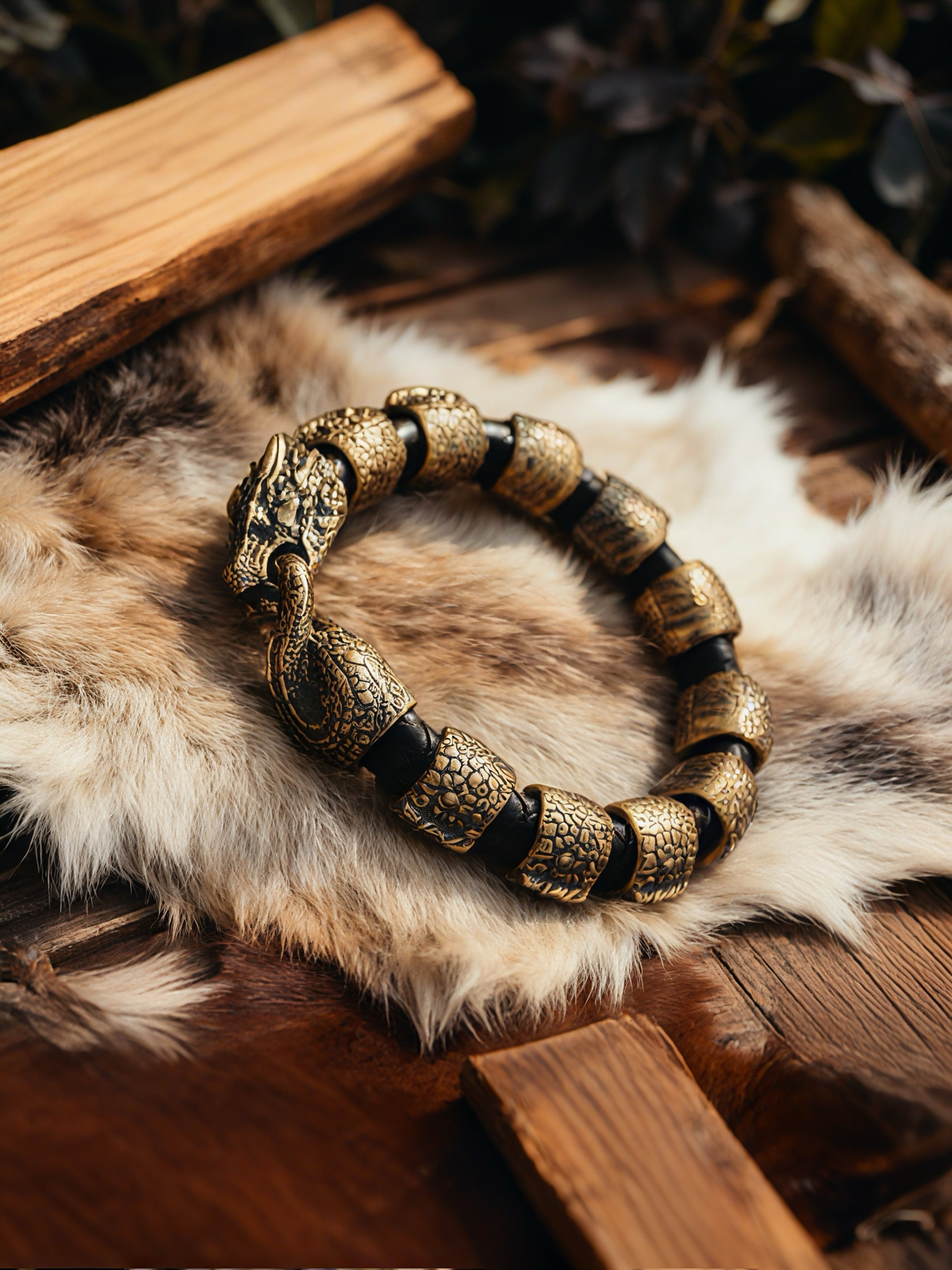 Jormungandr with Scales Bracelet, Natural Leather and Bronze