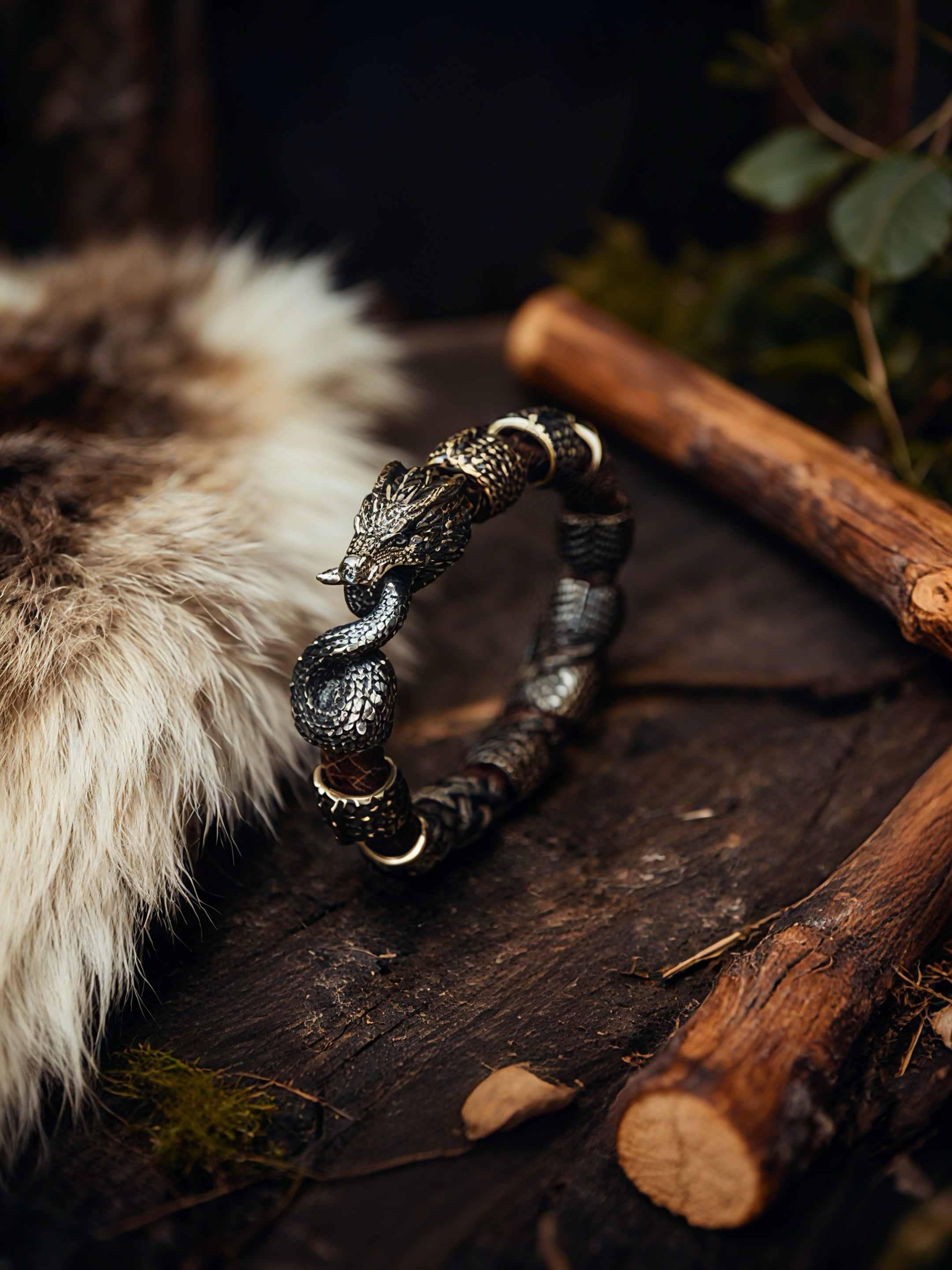 Jormungandr with Scales Bracelet, Natural Leather and Bronze