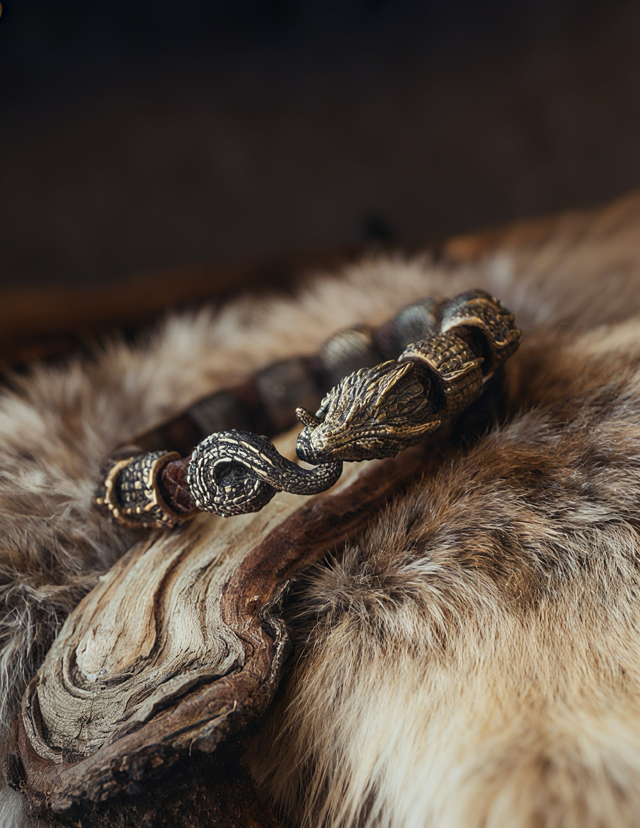 Jormungandr with Scales Bracelet, Natural Leather and Bronze