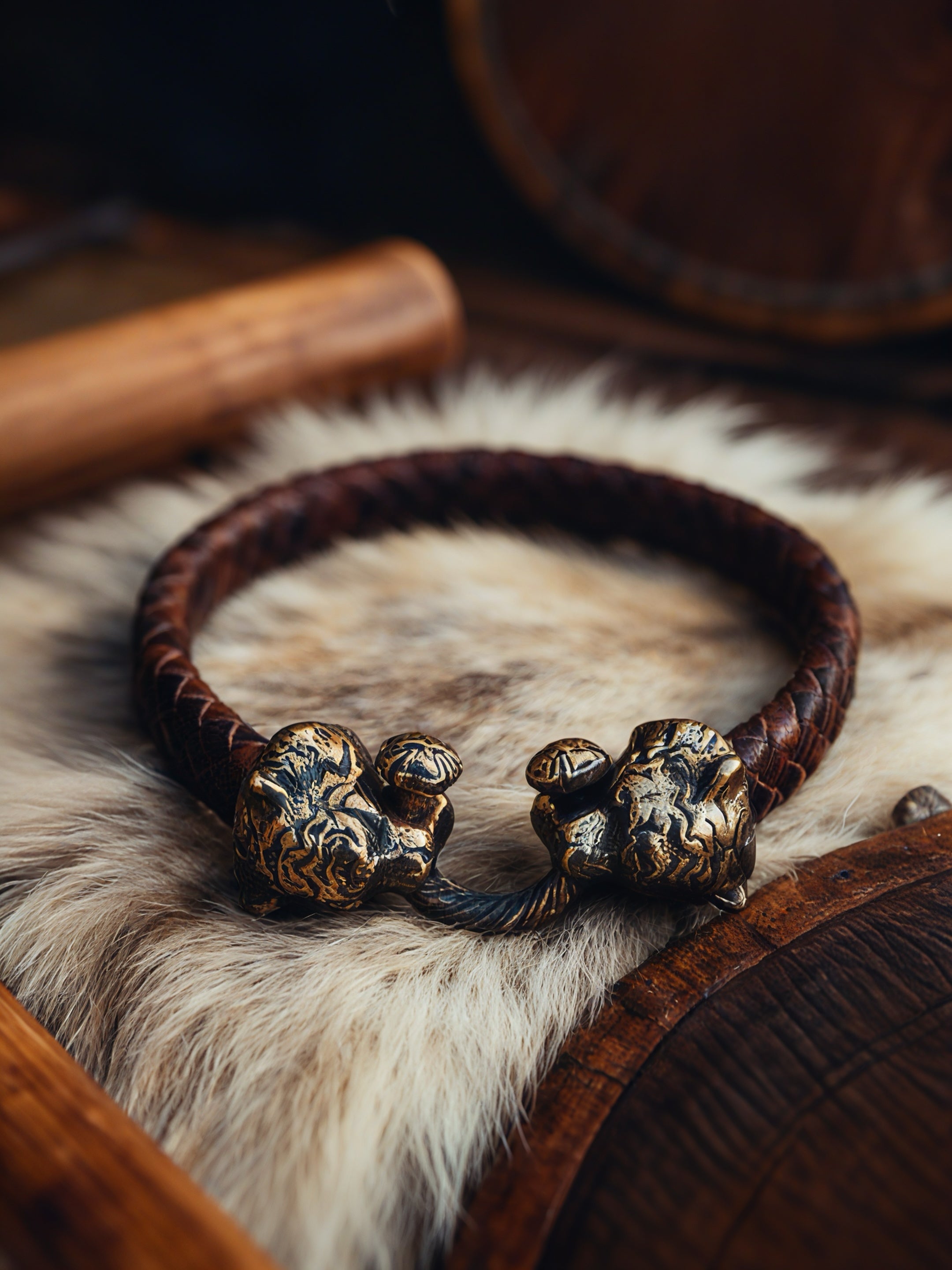 Two Tigers Bracelet, Natural Leather and Bronze
