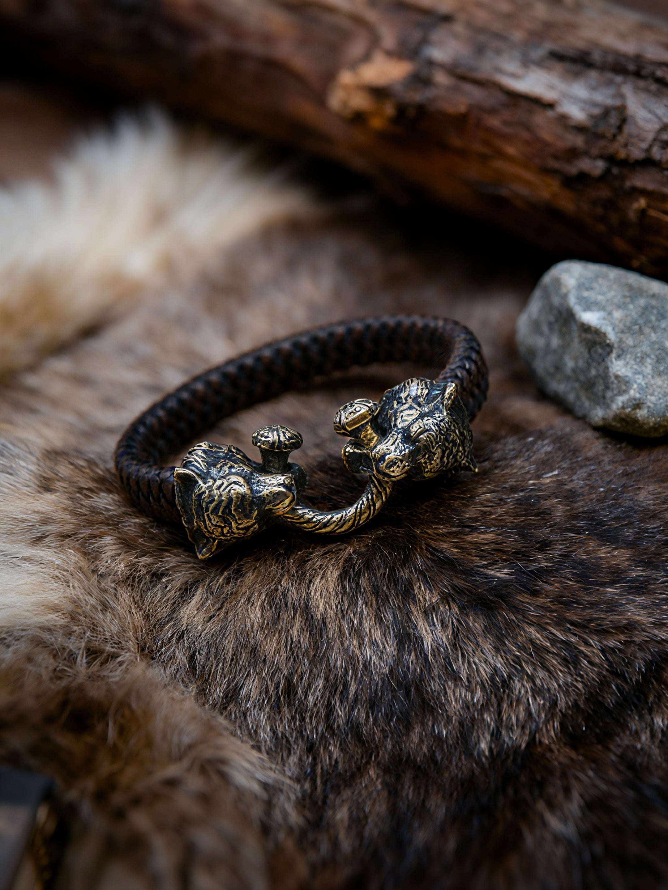 Two Tigers Bracelet, Natural Leather and Bronze