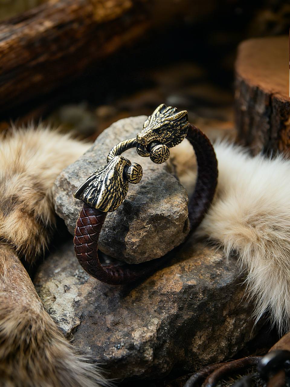 Two Dragons Bracelet, Natural Leather and Bronze