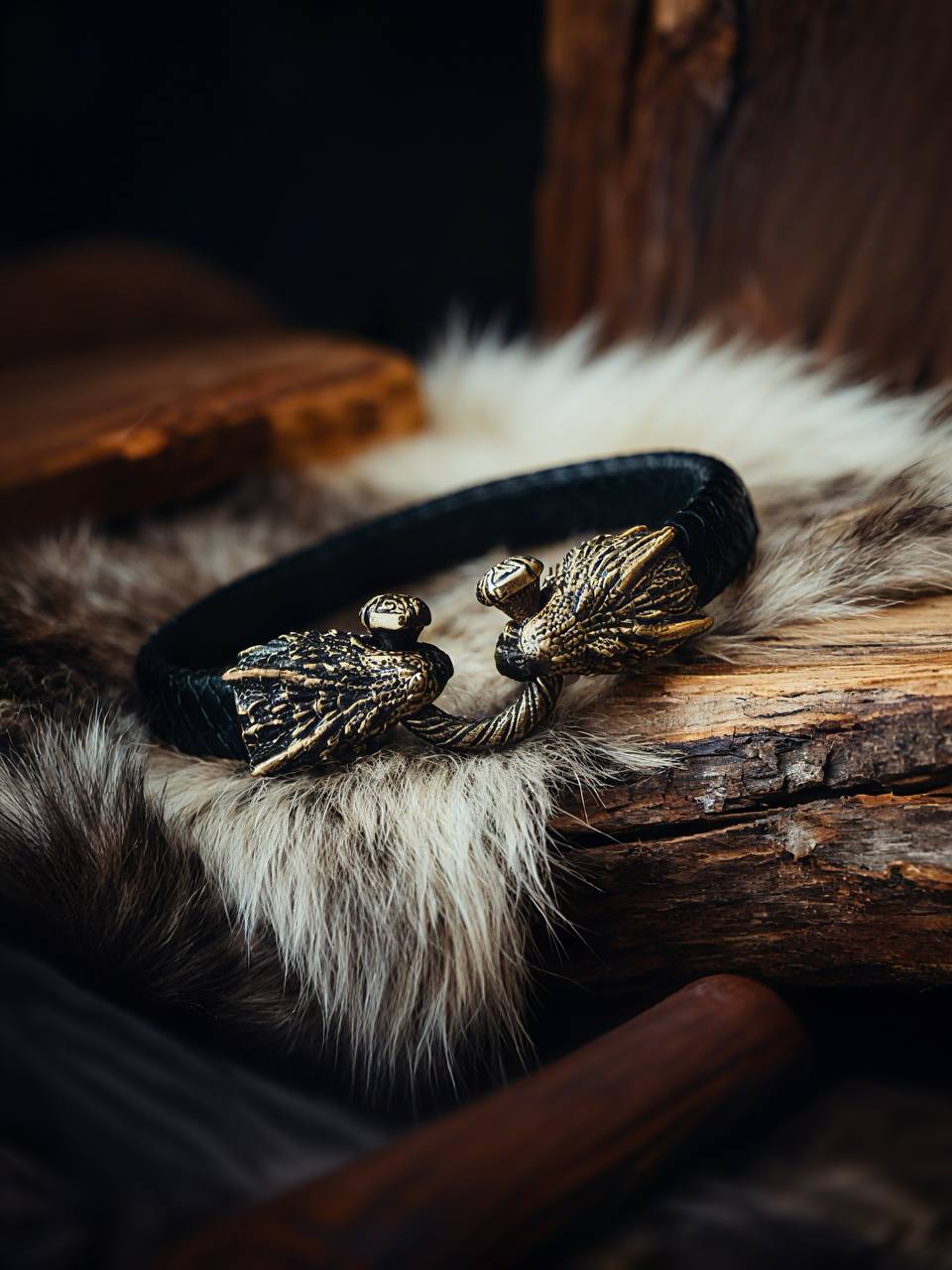 Two Dragons Bracelet, Natural Leather and Bronze