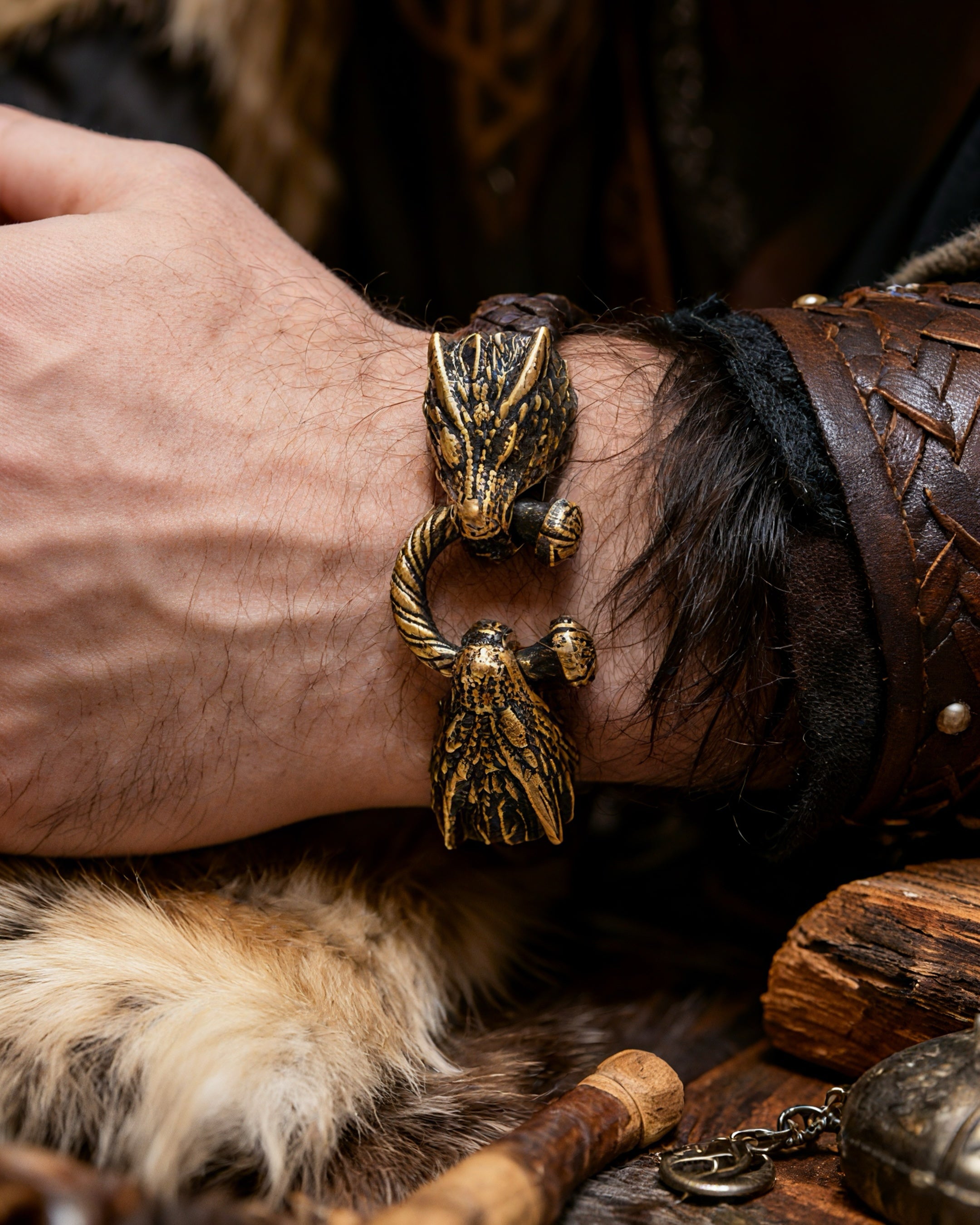 Two Dragons Bracelet, Natural Leather and Bronze