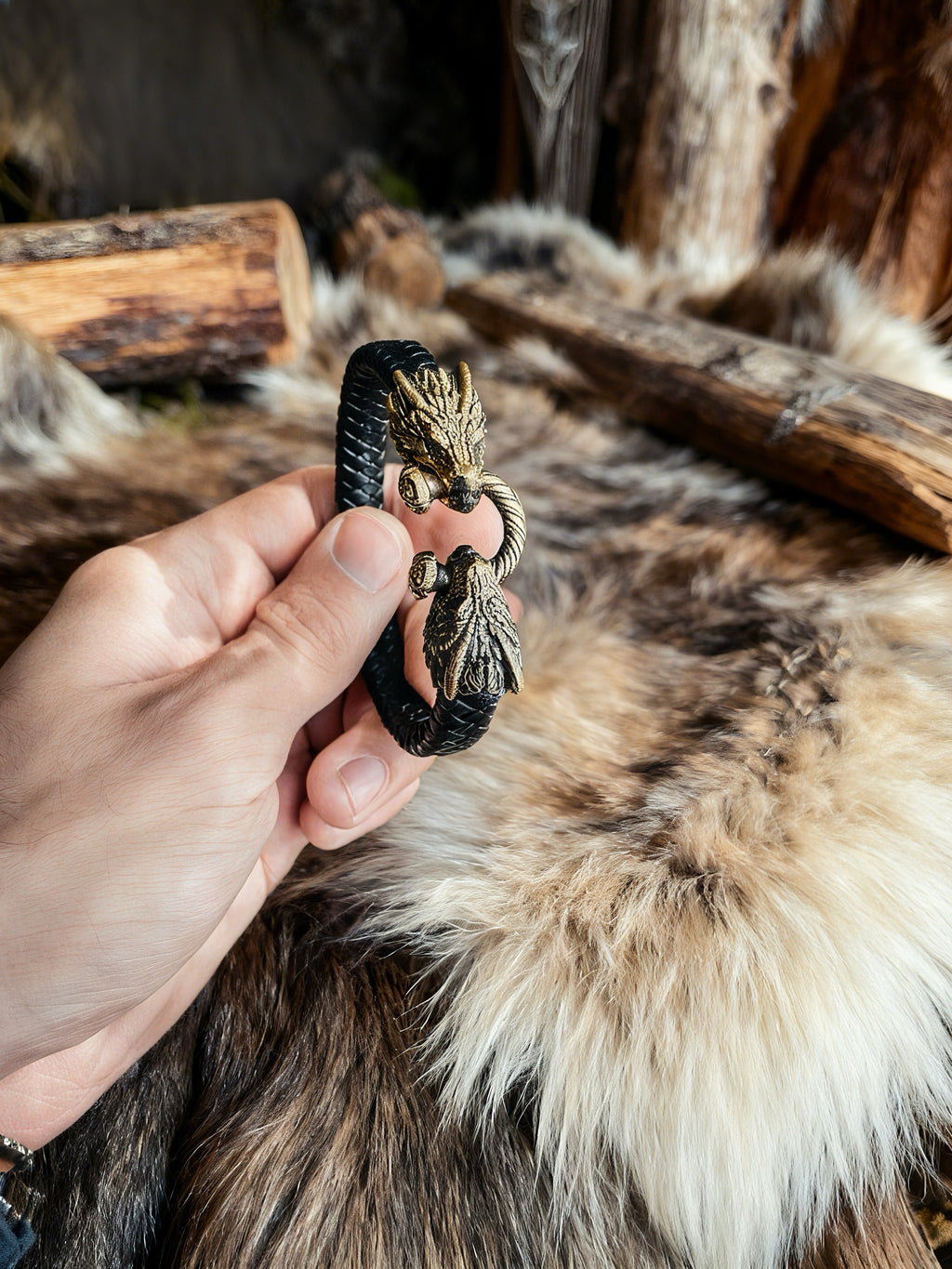 Two Dragons Bracelet, Natural Leather and Bronze