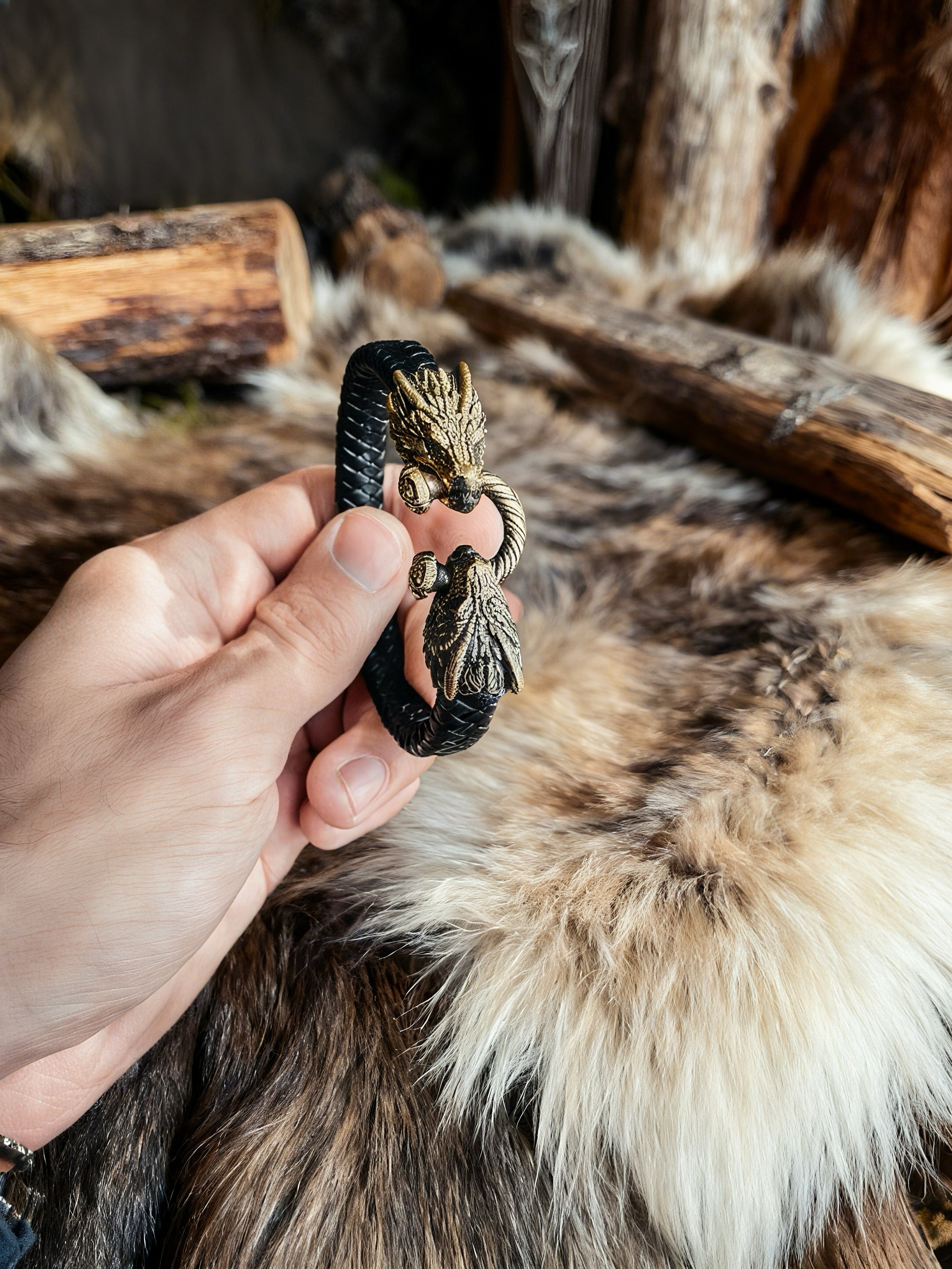 Two Dragons Bracelet, Natural Leather and Bronze
