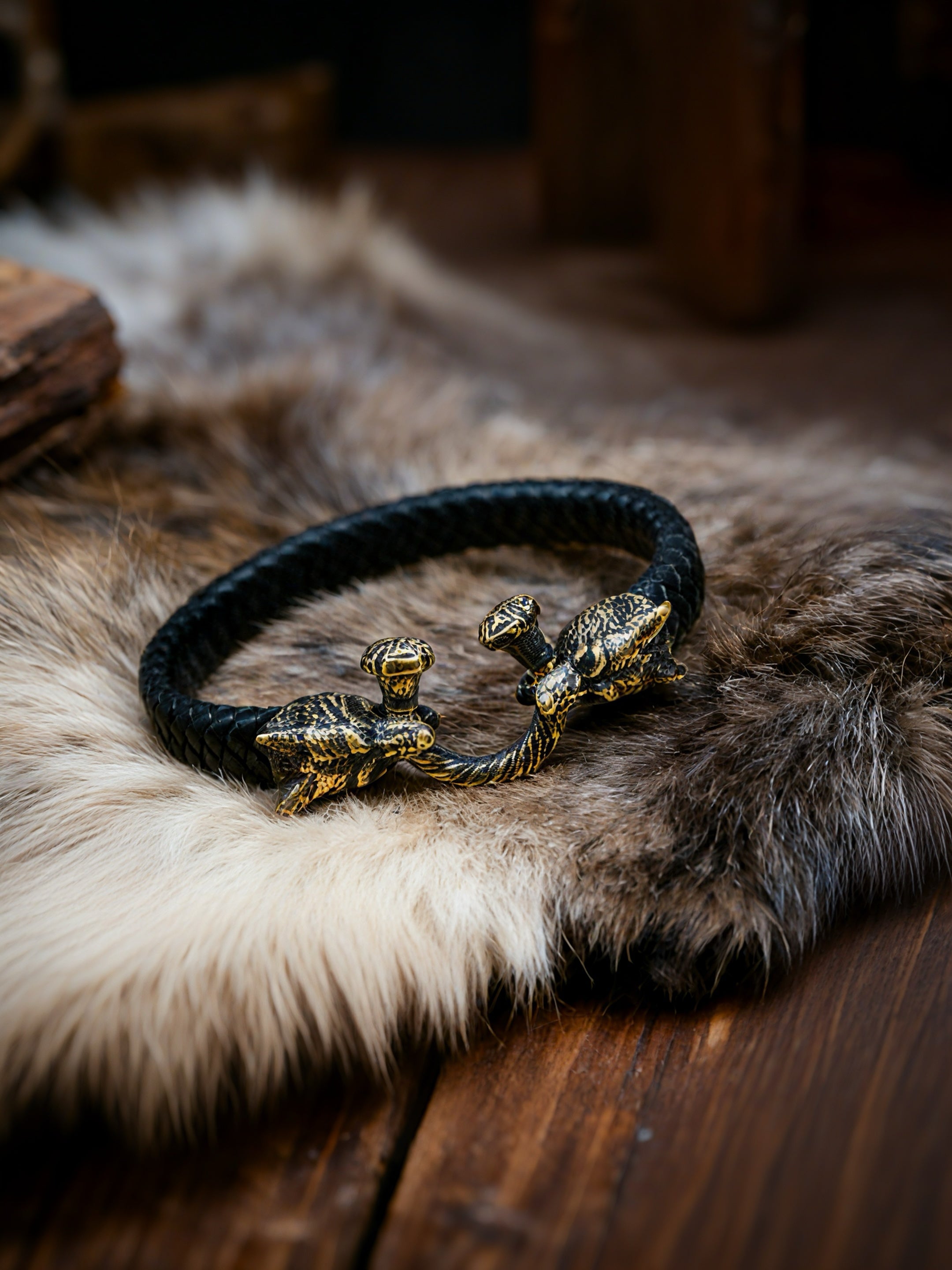 Two Wolves Bracelet, Natural Leather and Bronze