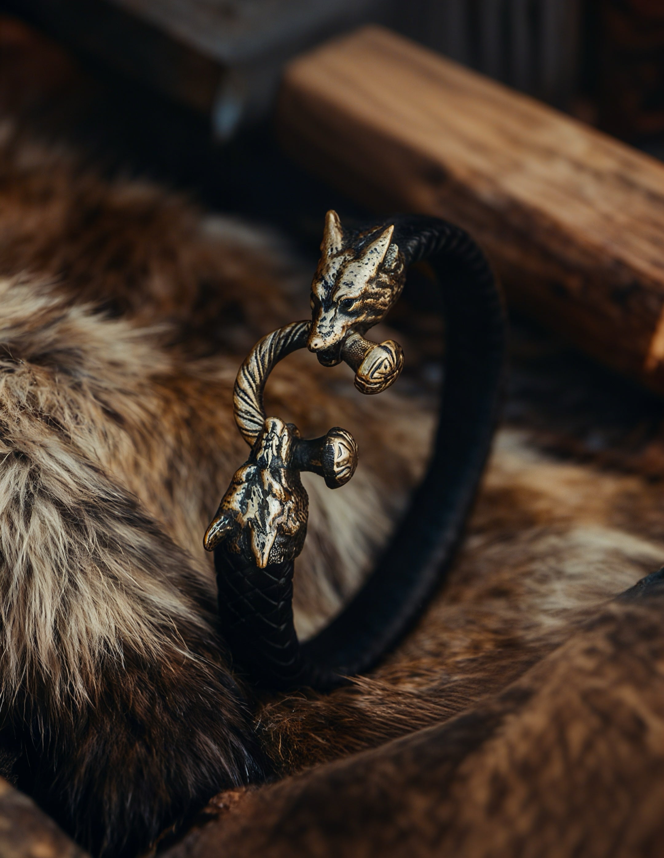 Two Wolves Bracelet, Natural Leather and Bronze