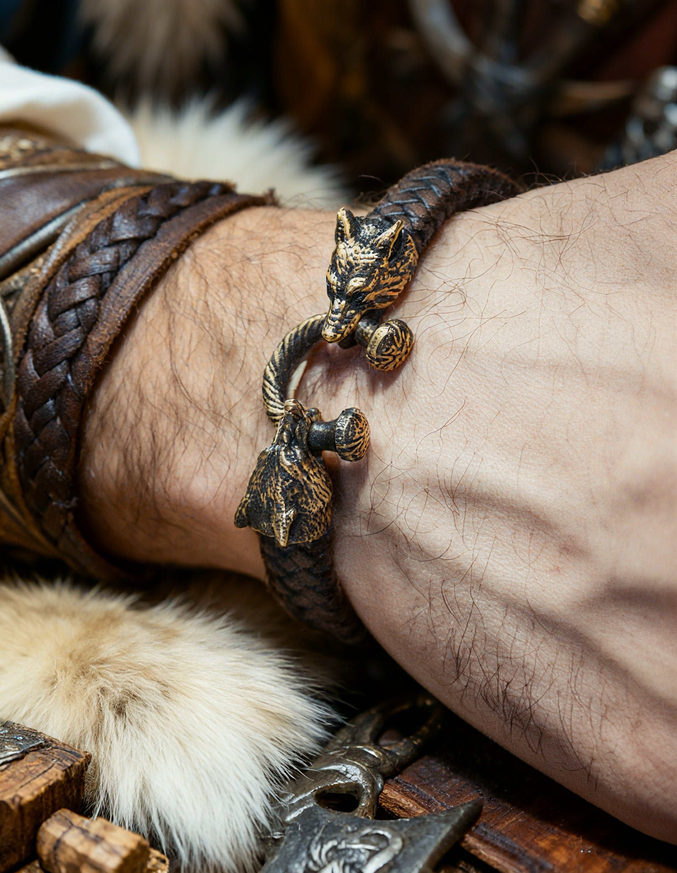 Two Wolves Bracelet, Natural Leather and Bronze