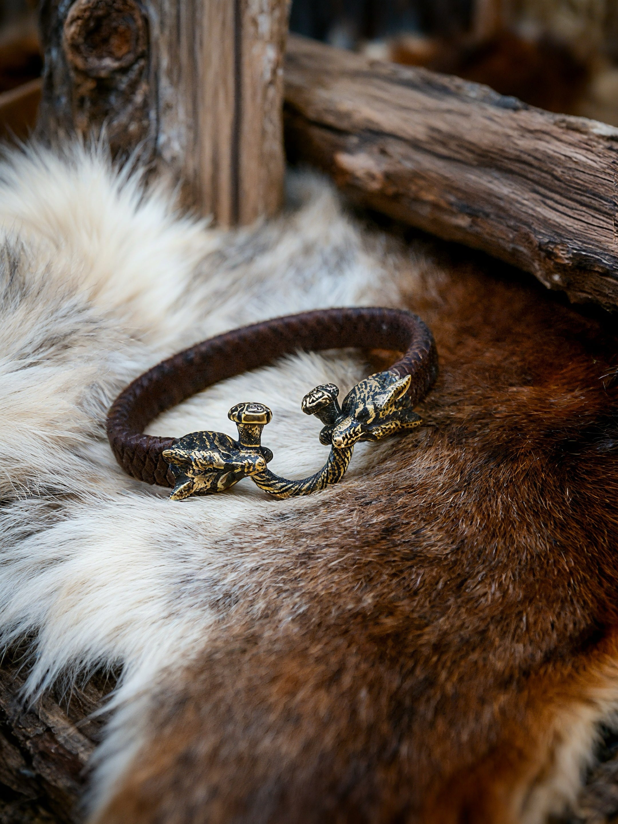 Two Wolves Bracelet, Natural Leather and Bronze