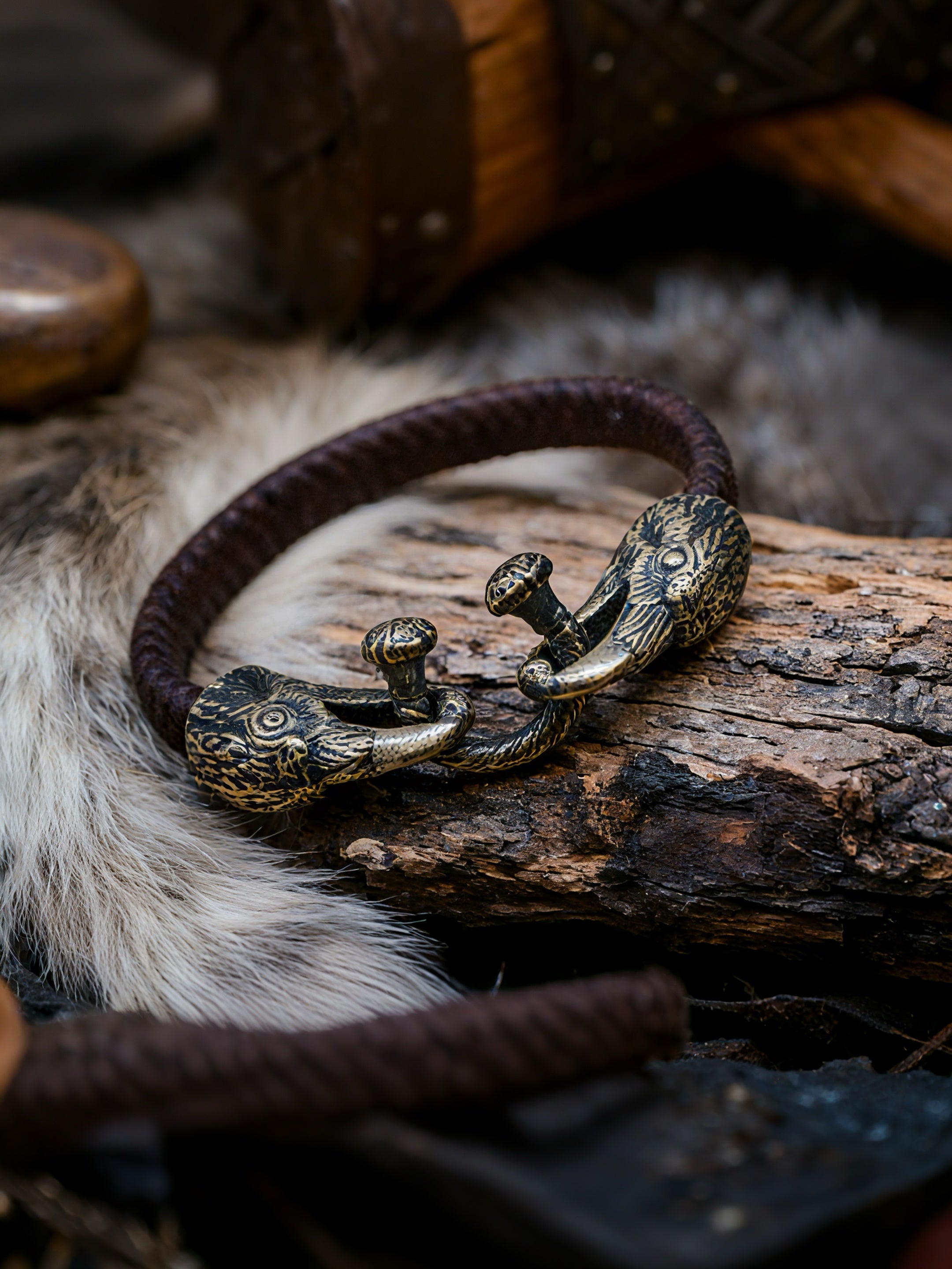 Two Ravens of Odin Bracelet, Natural Leather and Bronze