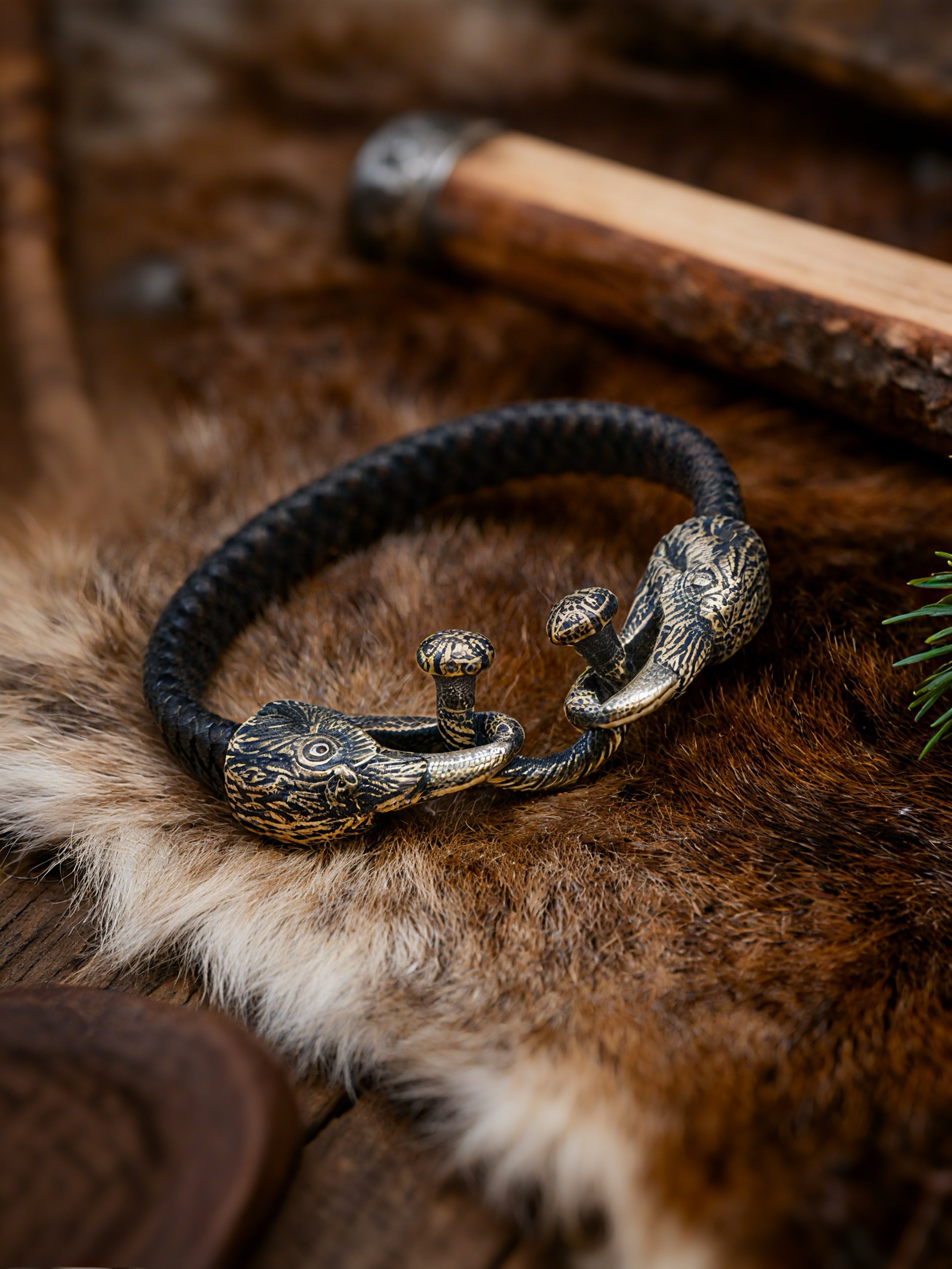 Two Ravens of Odin Bracelet, Natural Leather and Bronze