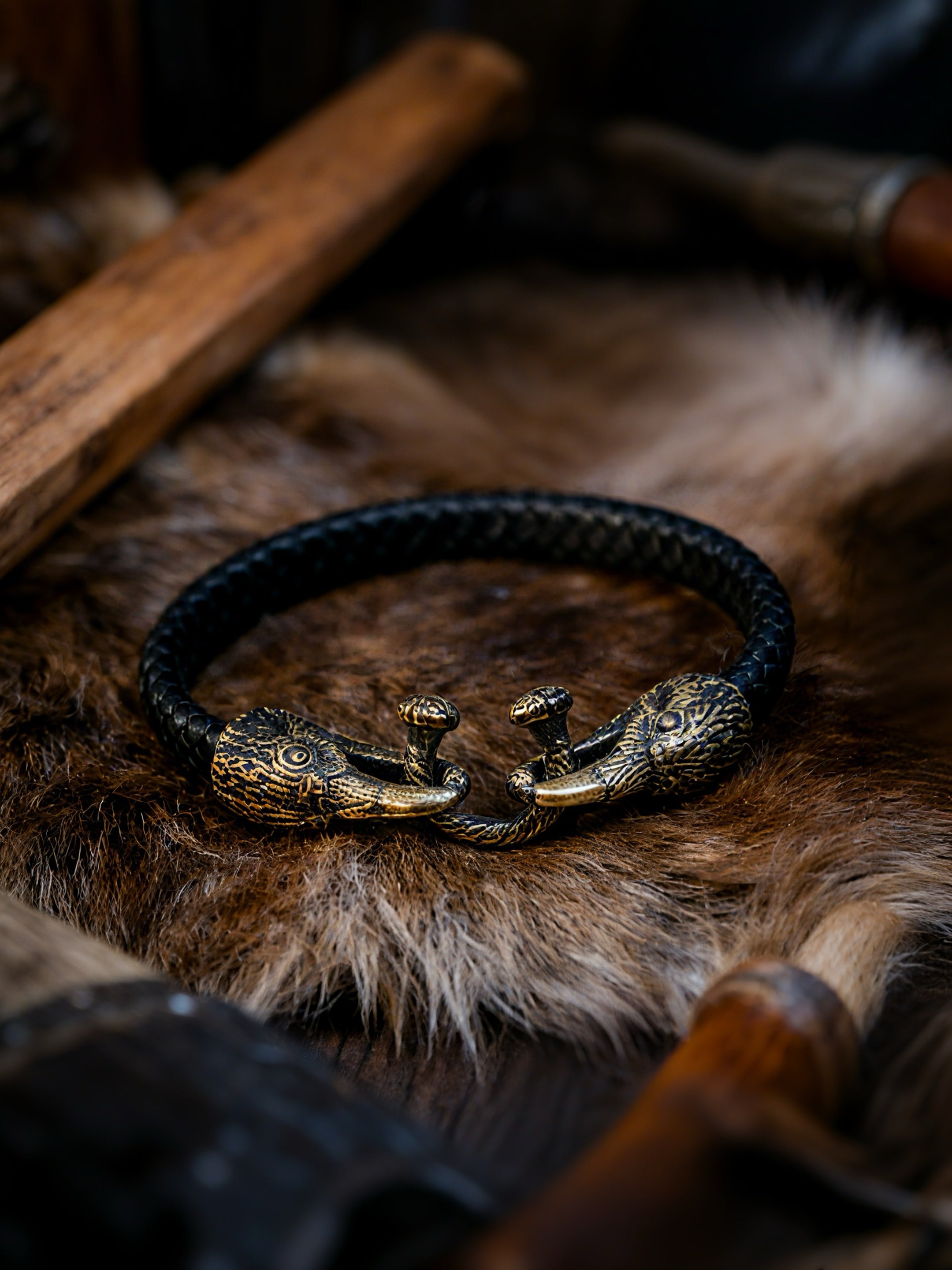 Two Ravens of Odin Bracelet, Natural Leather and Bronze