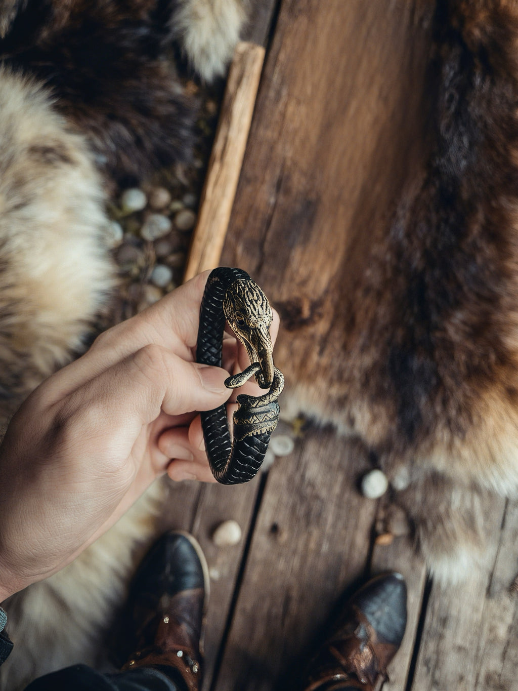 Raven and Snake Bracelet, Natural Leather and Bronze