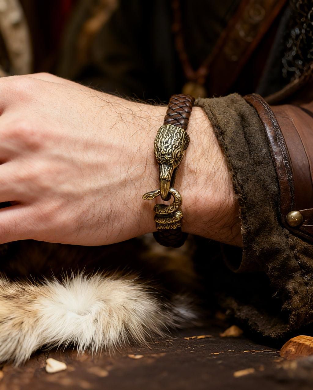 Raven and Snake Bracelet, Natural Leather and Bronze