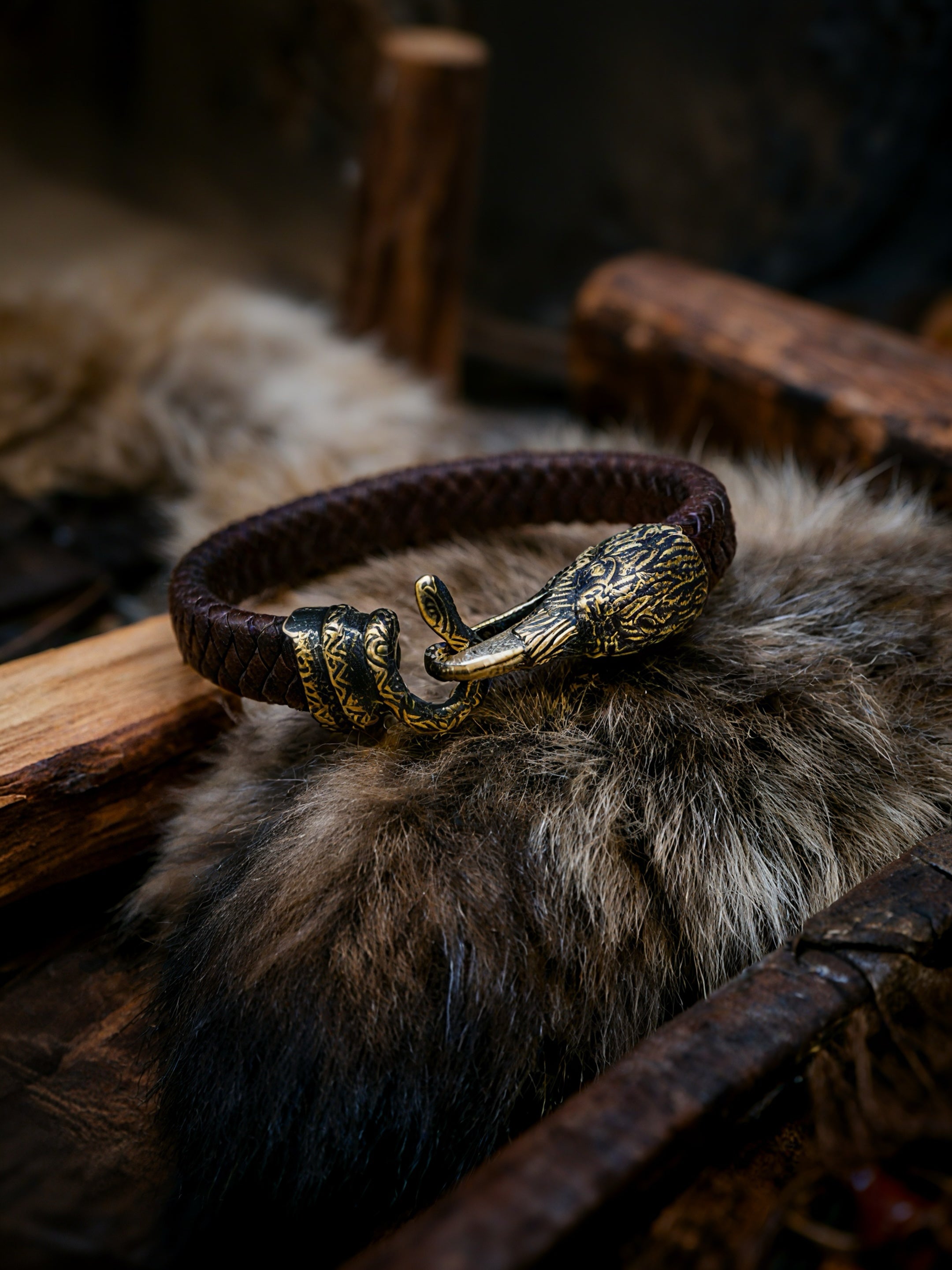 Raven and Snake Bracelet, Natural Leather and Bronze