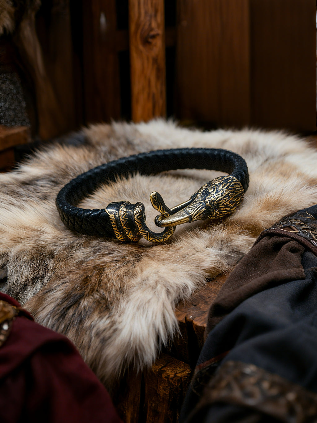 Raven and Snake Bracelet, Natural Leather and Bronze