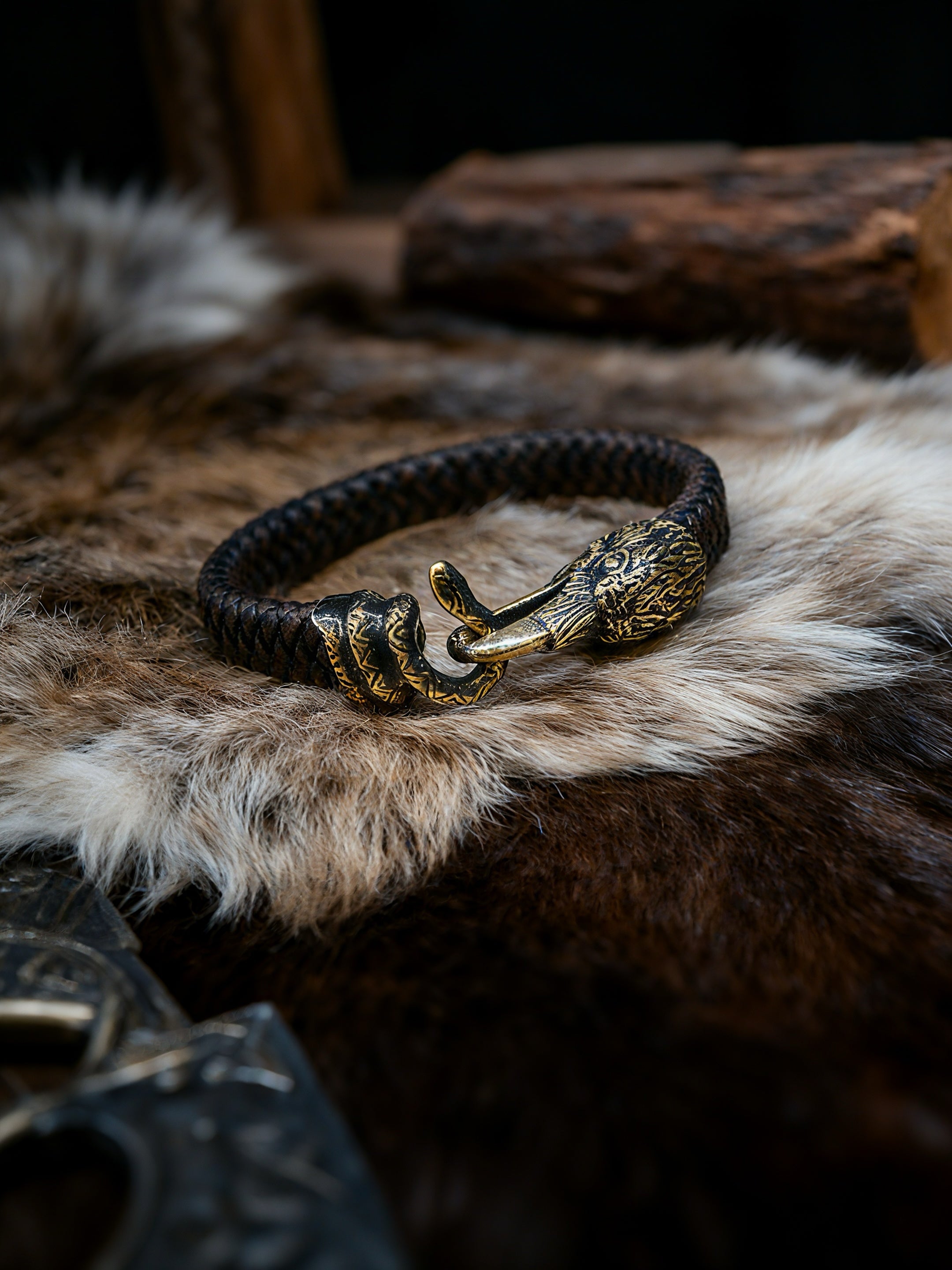 Raven and Snake Bracelet, Natural Leather and Bronze