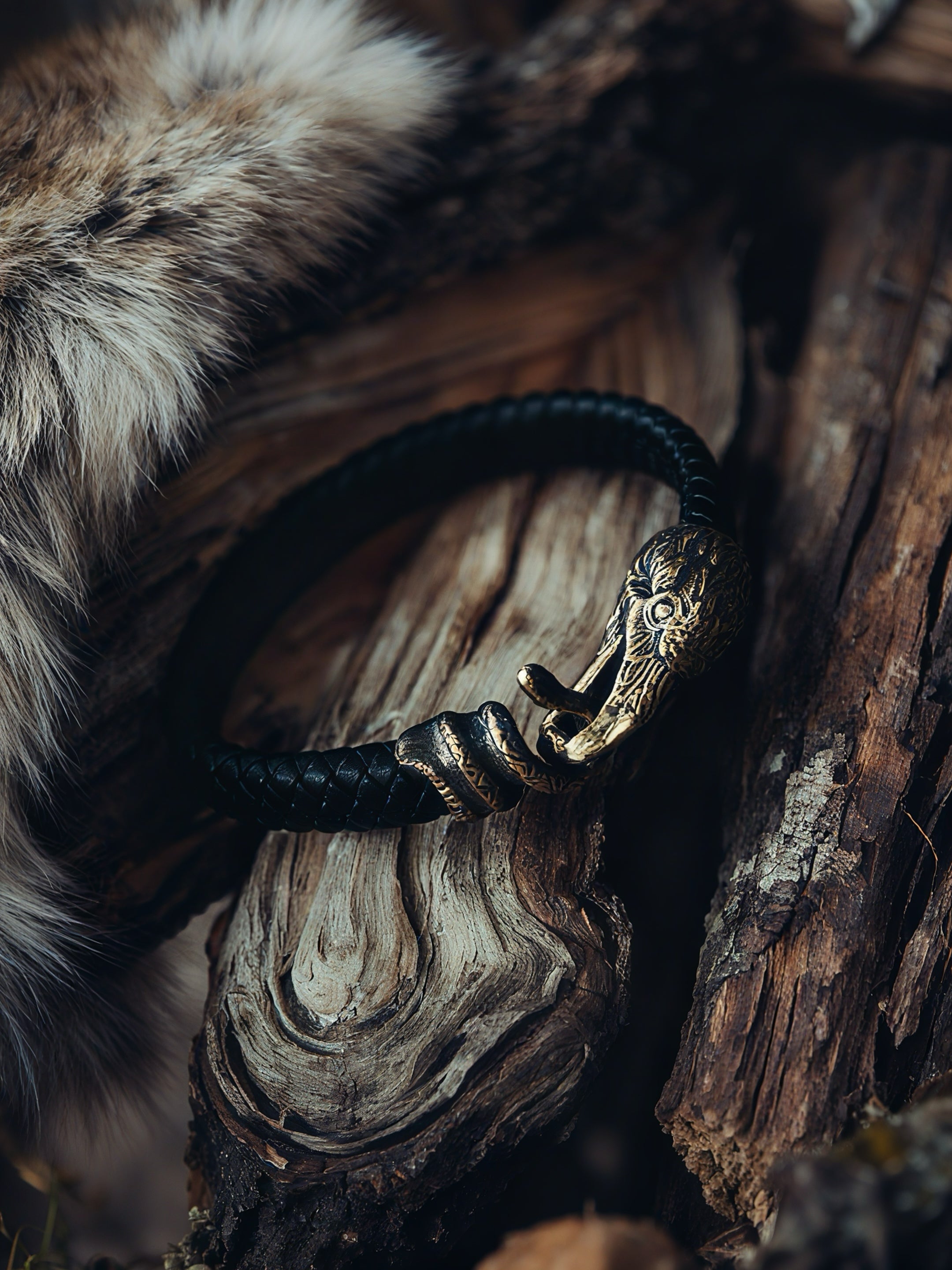 Raven and Snake Bracelet, Natural Leather and Bronze