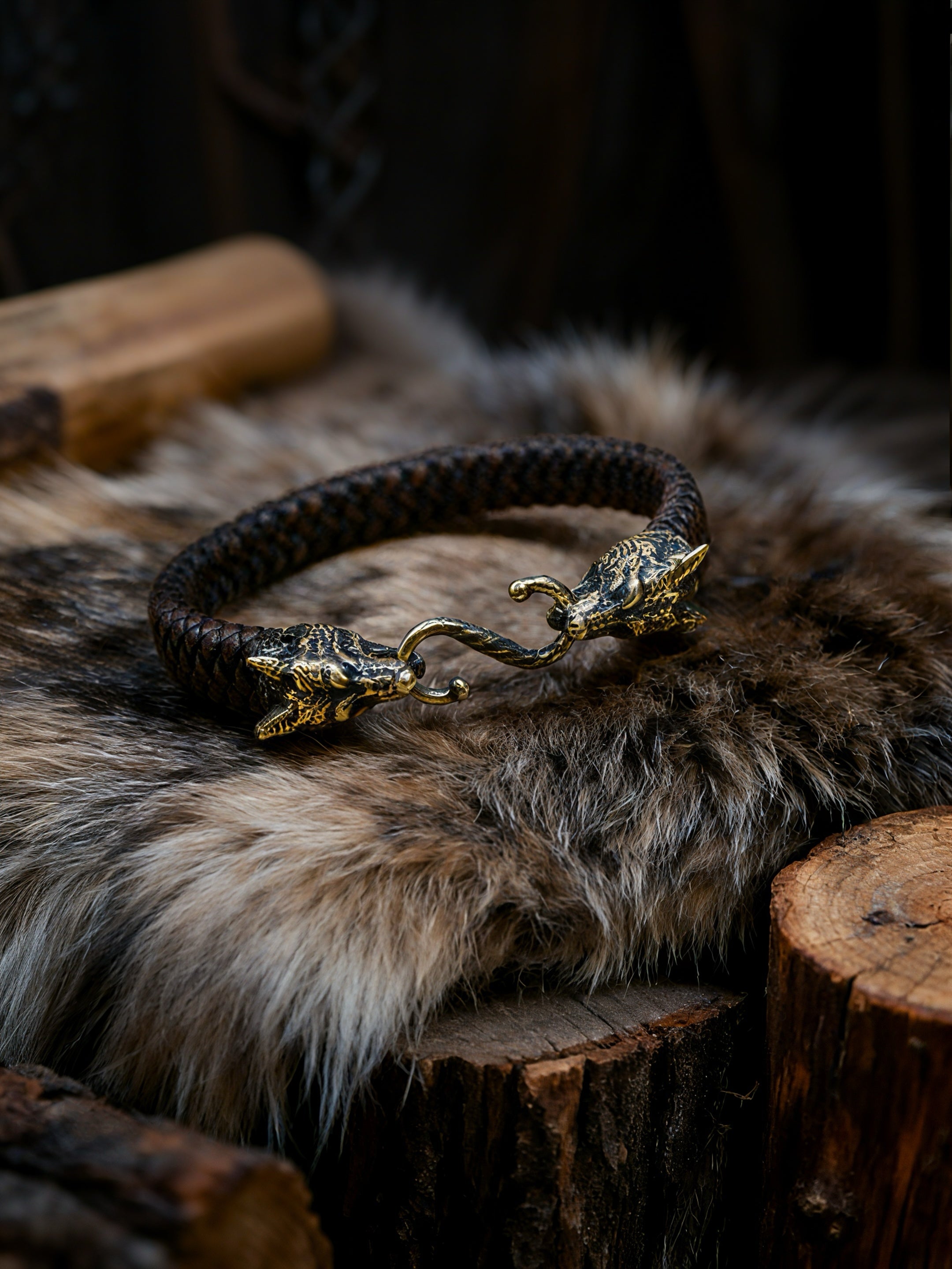 Wolves of Odin Bracelet, Natural Leather and Bronze