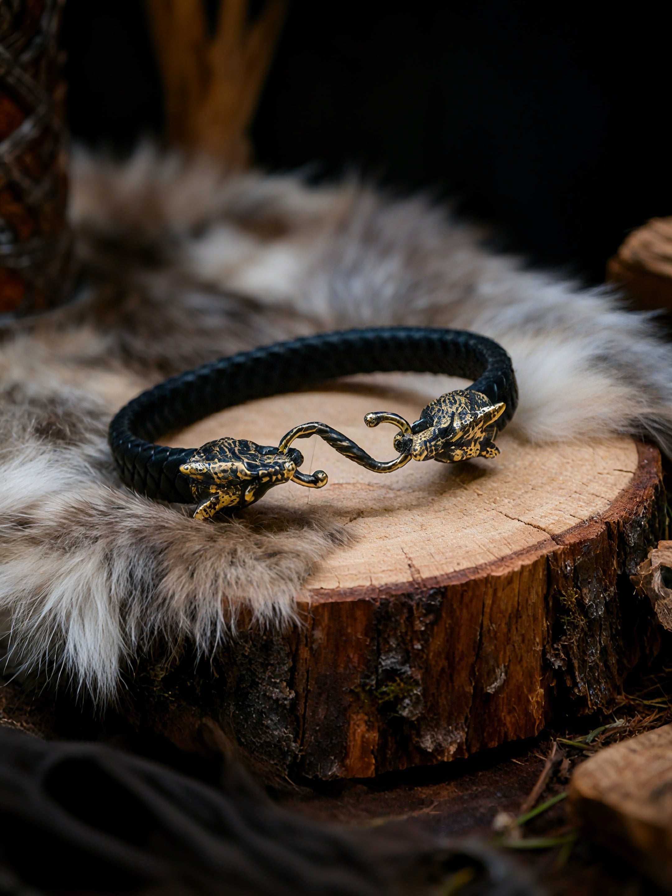 Wolves of Odin Bracelet, Natural Leather and Bronze