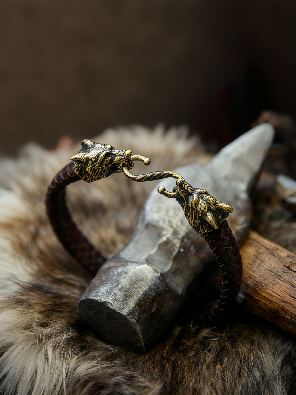 Wolves of Odin Bracelet, Natural Leather and Bronze