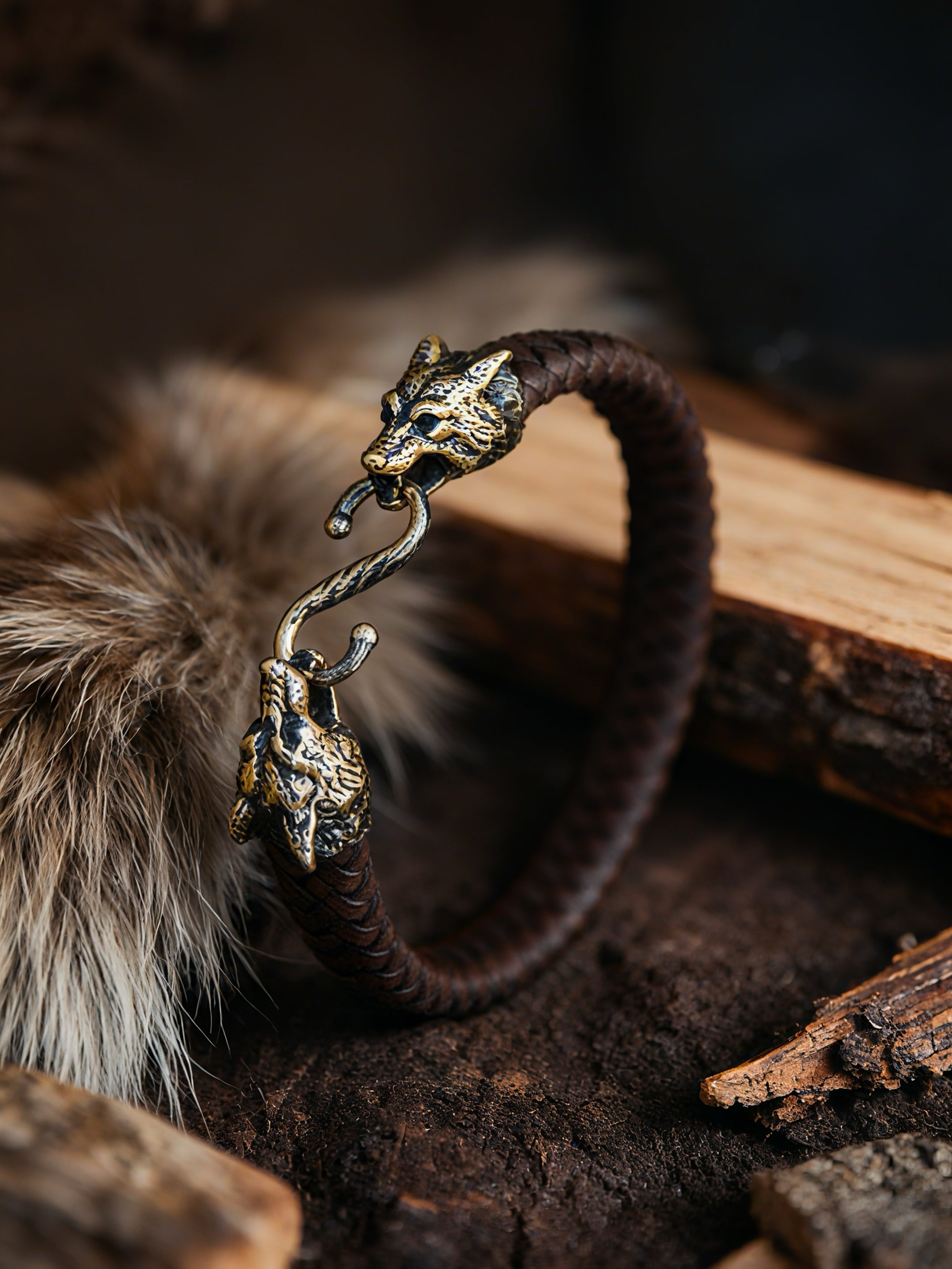 Wolves of Odin Bracelet, Natural Leather and Bronze