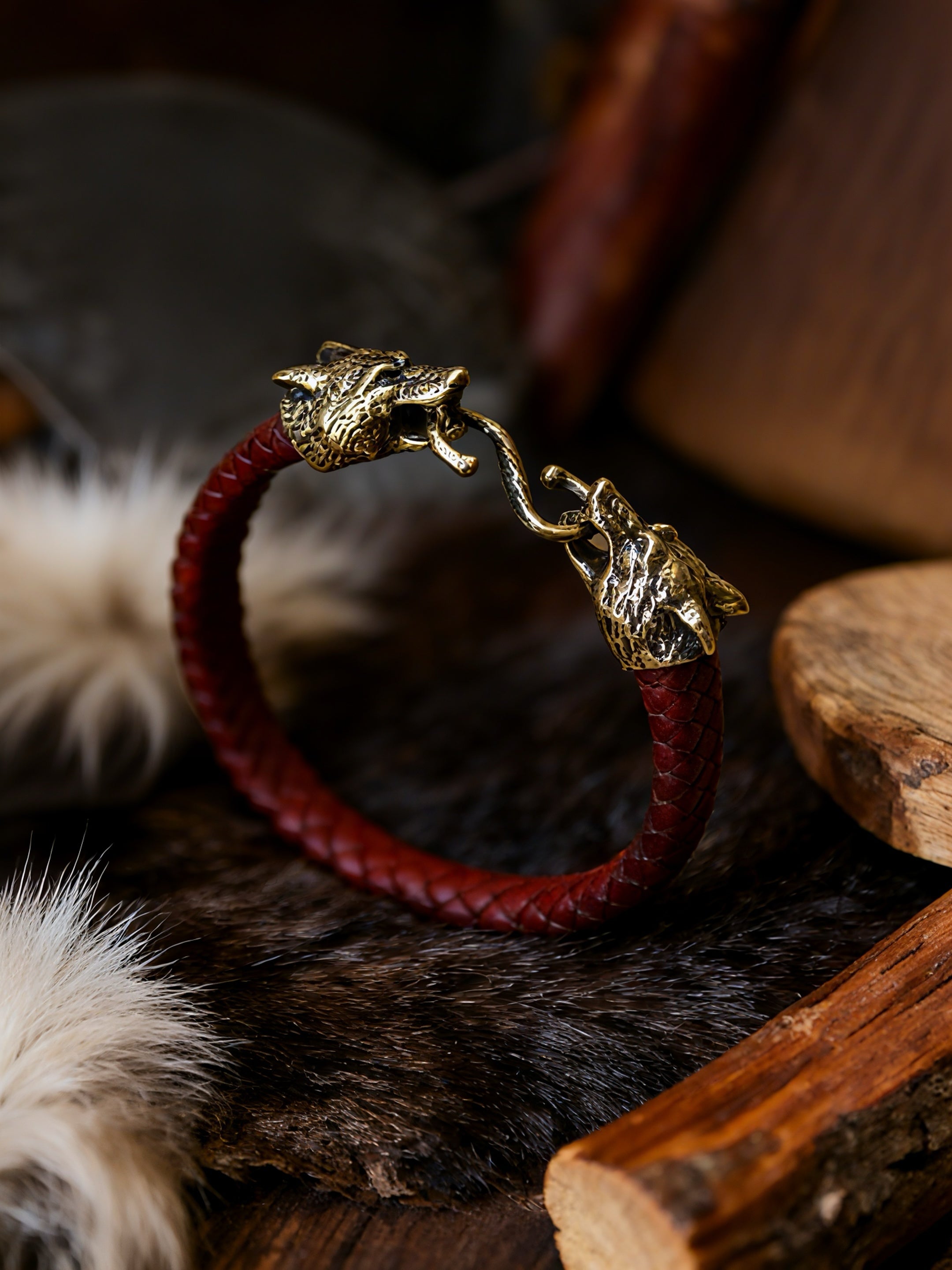 Wolves of Odin Bracelet, Natural Leather and Bronze
